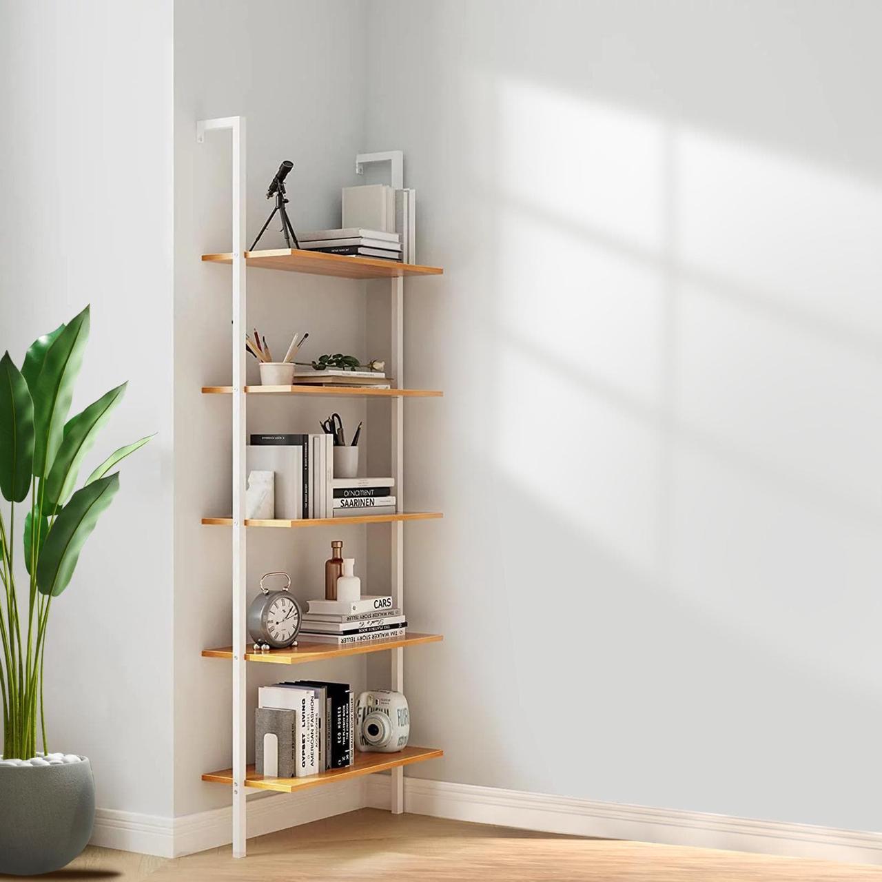 Main image of QXDRAGON 5-Shelf Wood Bookcase, Wall Mounted Open Ladder Bookshelf with Metal Frame for Living Room, Bedroom, Home, Office, Oak