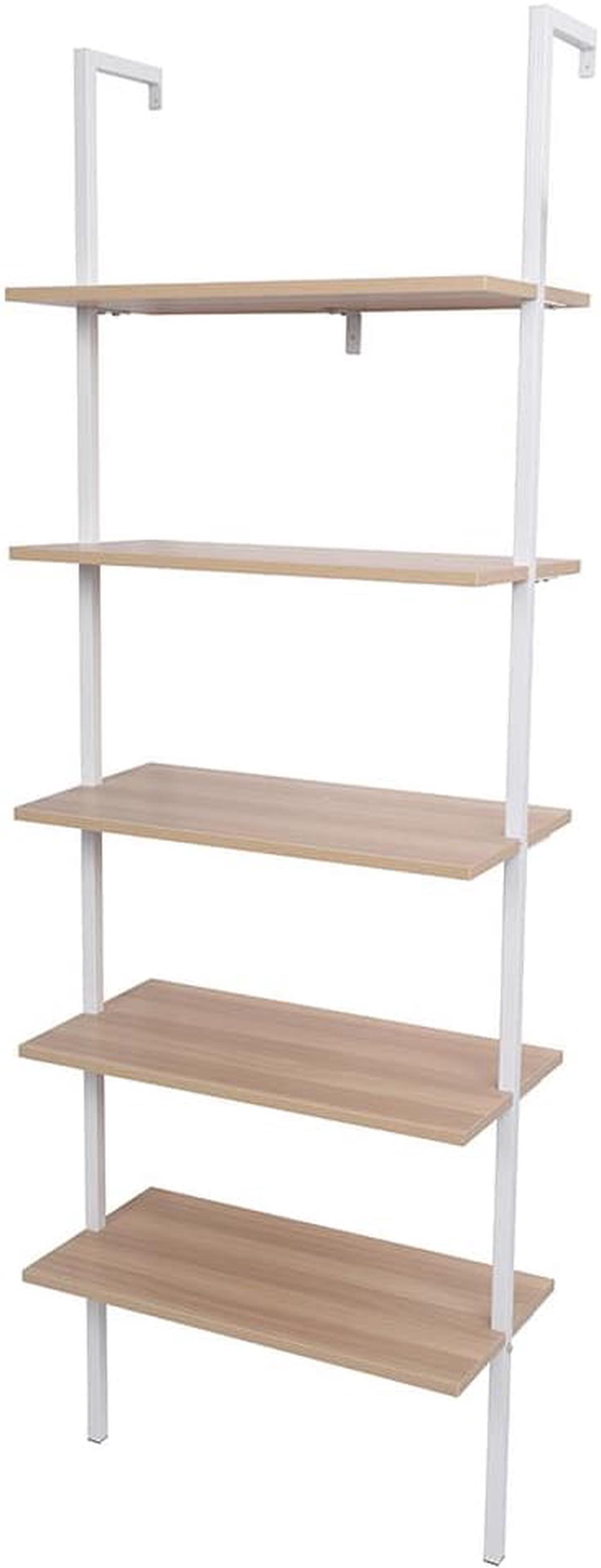Alt view image 2 of 7 - QXDRAGON 5-Shelf Wood Bookcase, Wall Mounted Open Ladder Bookshelf with Metal Frame for Living Room, Bedroom, Home, Office, Oak