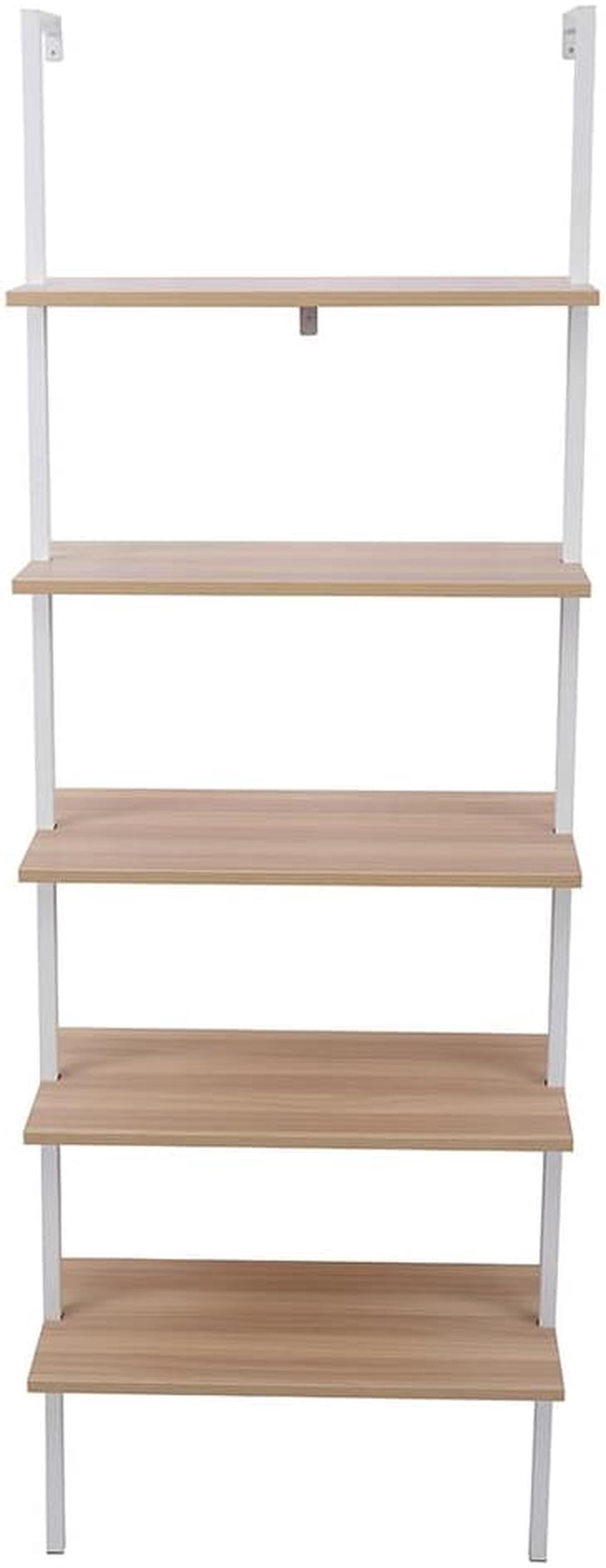 Alt view image 3 of 7 - QXDRAGON 5-Shelf Wood Bookcase, Wall Mounted Open Ladder Bookshelf with Metal Frame for Living Room, Bedroom, Home, Office, Oak