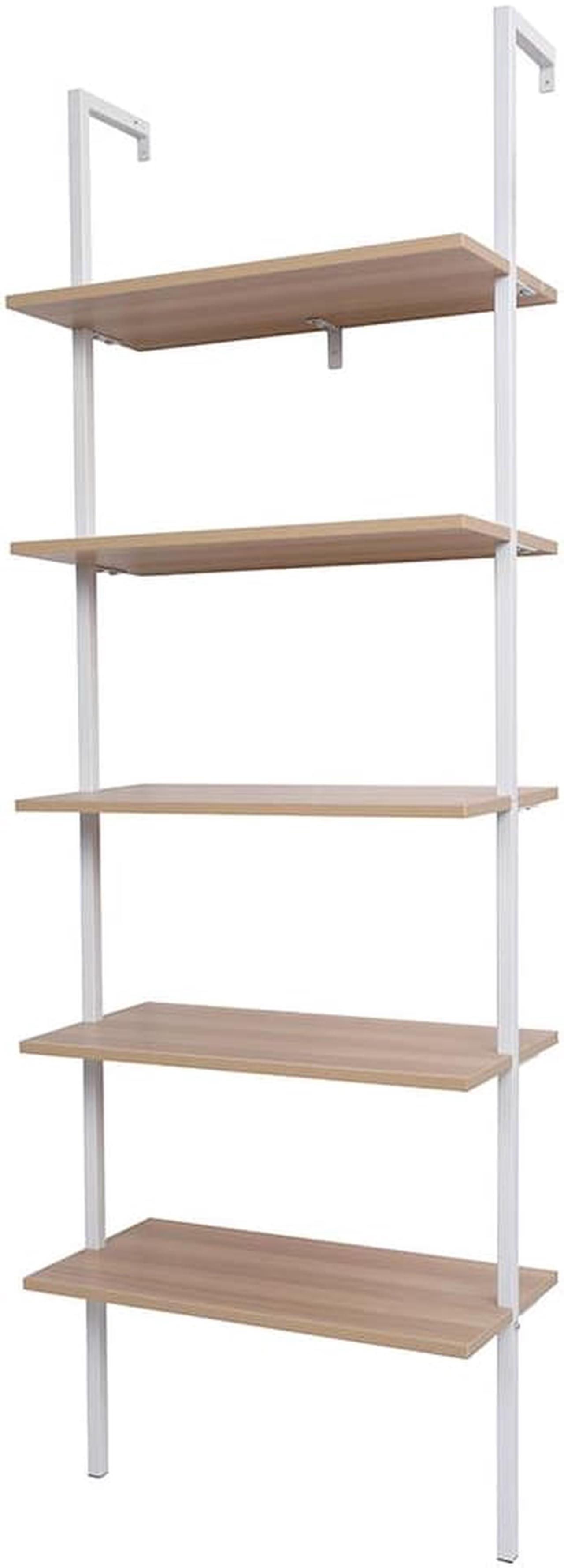 Alt view image 6 of 7 - QXDRAGON 5-Shelf Wood Bookcase, Wall Mounted Open Ladder Bookshelf with Metal Frame for Living Room, Bedroom, Home, Office, Oak