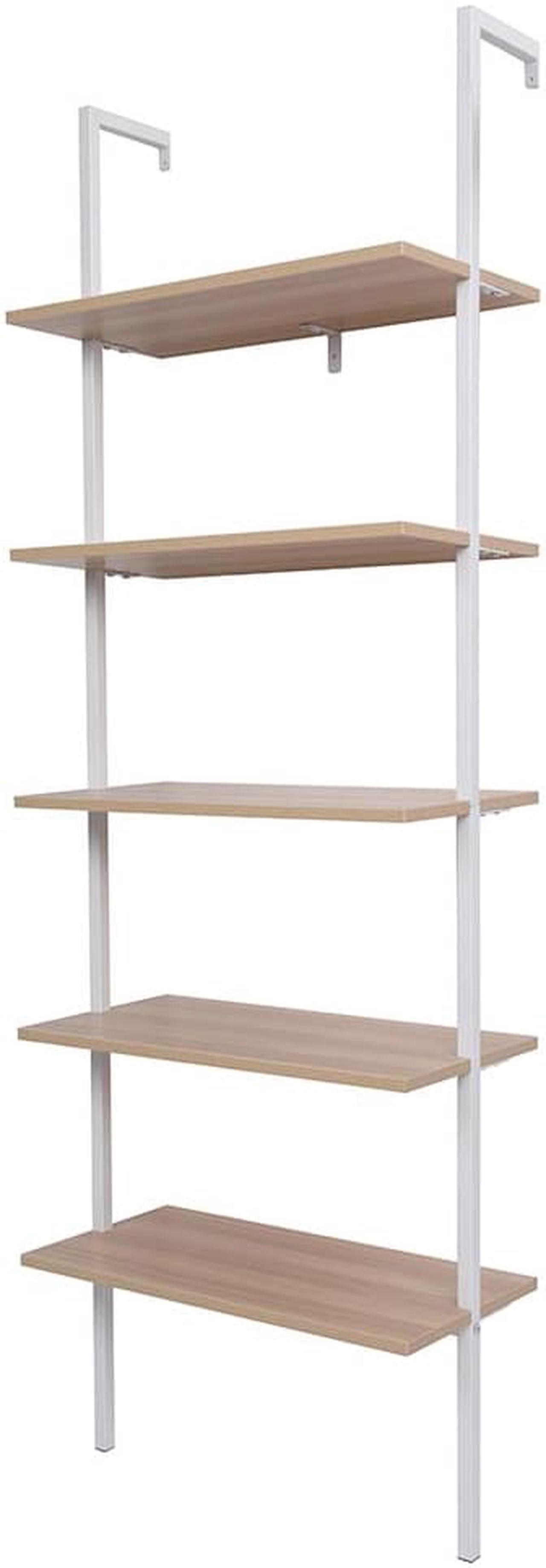 Alt view image 7 of 7 - QXDRAGON 5-Shelf Wood Bookcase, Wall Mounted Open Ladder Bookshelf with Metal Frame for Living Room, Bedroom, Home, Office, Oak
