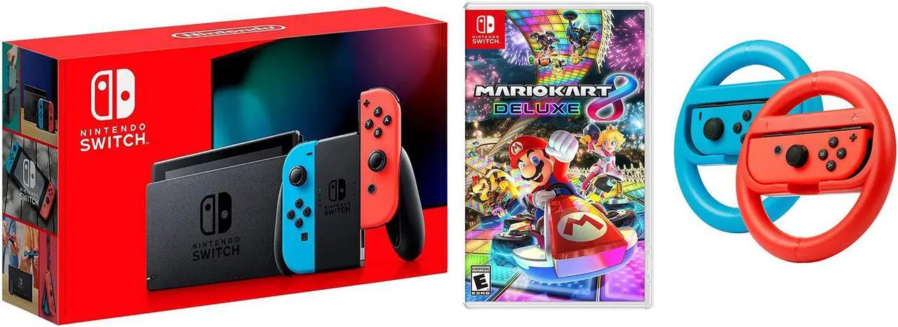 Alt view image 2 of 6 - Nintendo Switch Console Neon Red & Blue with Mario Kart 8 Deluxe, Joy-Con Steering Wheel Set