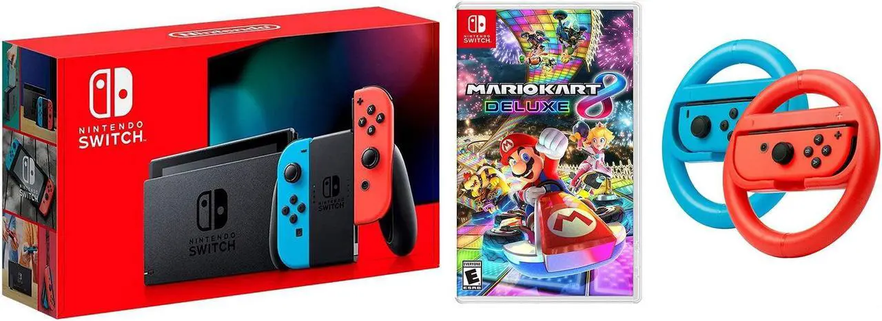 Main image of Nintendo Switch Console Neon Red & Blue with Mario Kart 8 Deluxe, Joy-Con Steering Wheel Set
