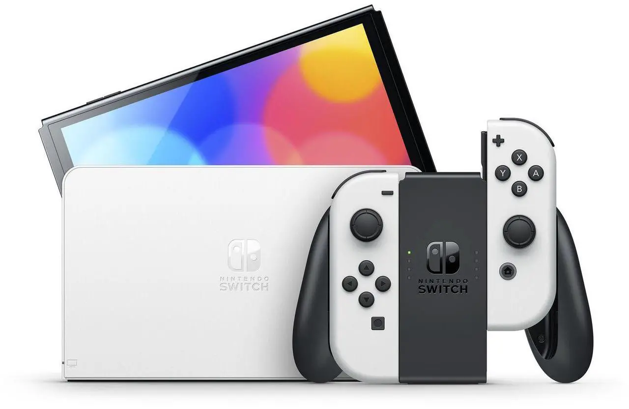 Alt view image 2 of 5 - Nintendo Switch White OLED Console with MightySkins Console and Controller Skin Voucher and 2 Year CPS Extended Warranty