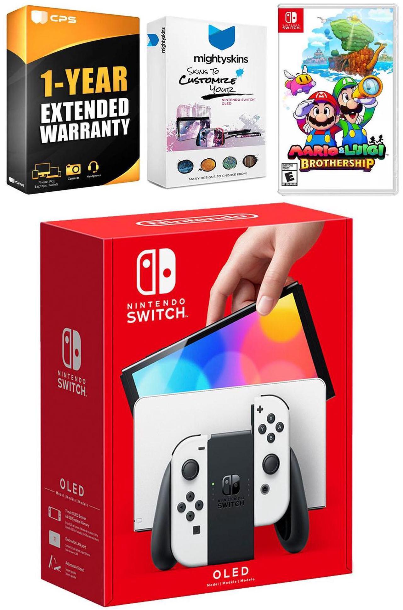 Main image of Nintendo Switch White OLED Console with Mario & Luigi: Brothership, MightySkins Console and Controller Skin Voucher, and 1 Year CPS Extended Warranty