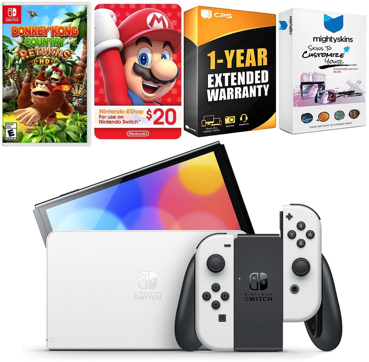 Main image of Nintendo Switch White OLED Console with Donkey Kong Country Returns HD, Nintendo $20 eShop Gift Card, MightySkins Console and Controller Skin Voucher, and 1 Year CPS Extended Warranty