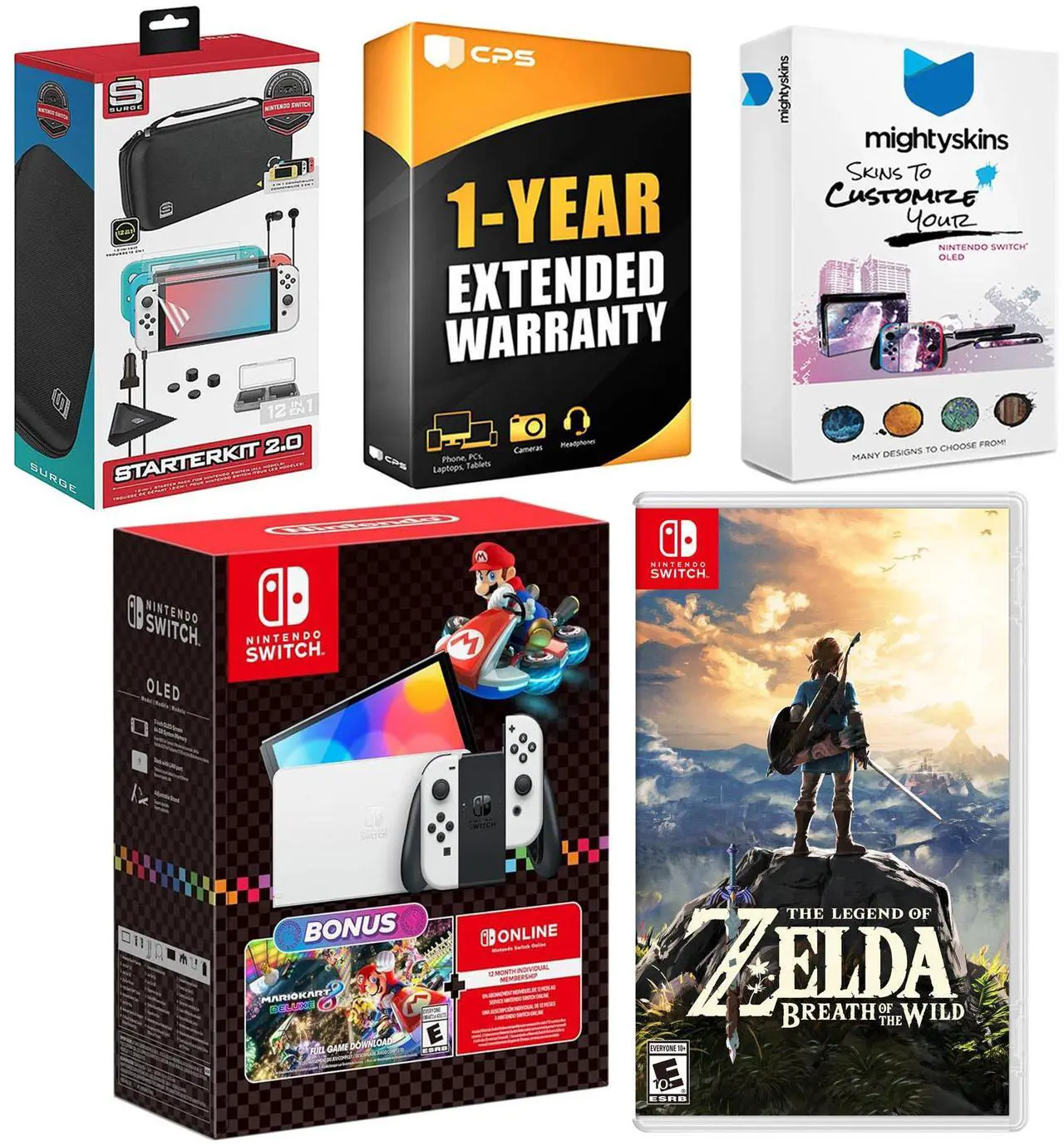 Main image of Nintendo Switch OLED Console Mario Kart 8 Deluxe Bundle with the Legend of Zelda: Breath of the Wild, Surge Accessory Gaming Kit, MightySkins Console and Controller Skin Voucher, and 1 Year CPS Exten