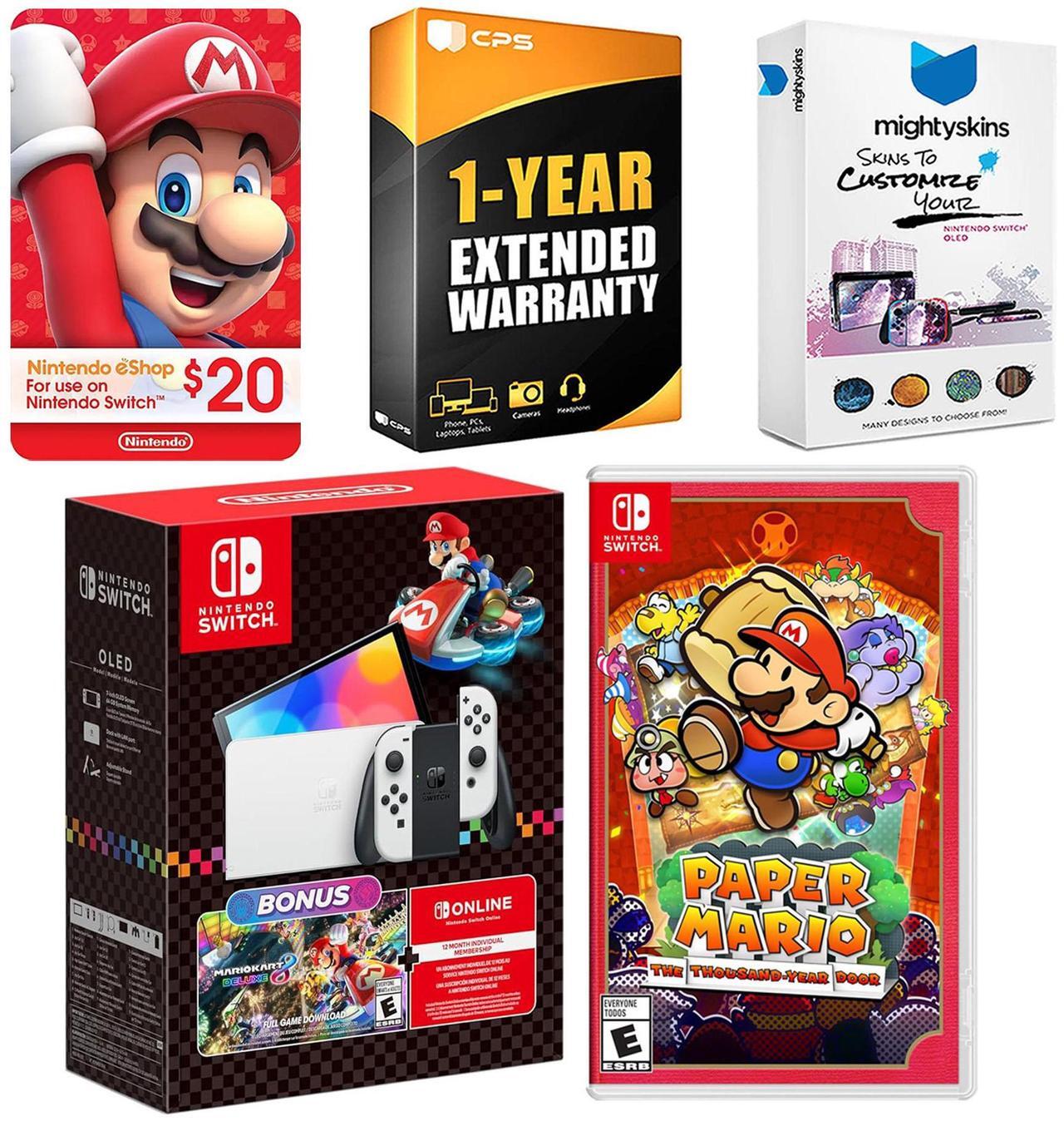 Main image of Nintendo Switch OLED Console Mario Kart 8 Bundle with Paper Mario: the Thousand Year Door, Nintendo $20 eShop Gift Card, MightySkins Console and Controller Skin Voucher, and 1 Year CPS Extended Warra