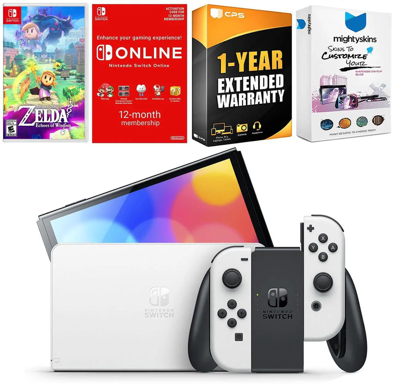 Main image of Nintendo Switch White OLED Console with Zelda Echoes Of Wisdom, Online Membership, MightySkins Voucher and 1 Year CPS Extended Warranty