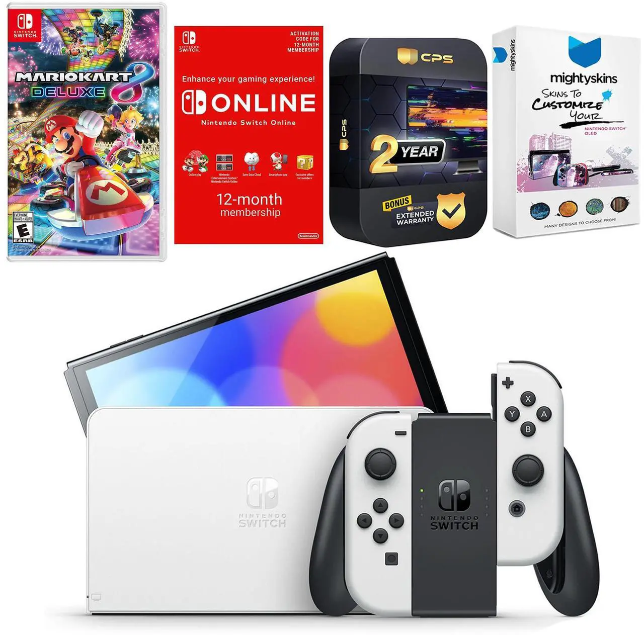 Main image of Nintendo Switch White OLED Console with Mario Kart 8 Deluxe, NSO 12 Month Family Membership, MightySkins Console and Controller Skin Voucher, and 2 Year CPS Extended Warranty