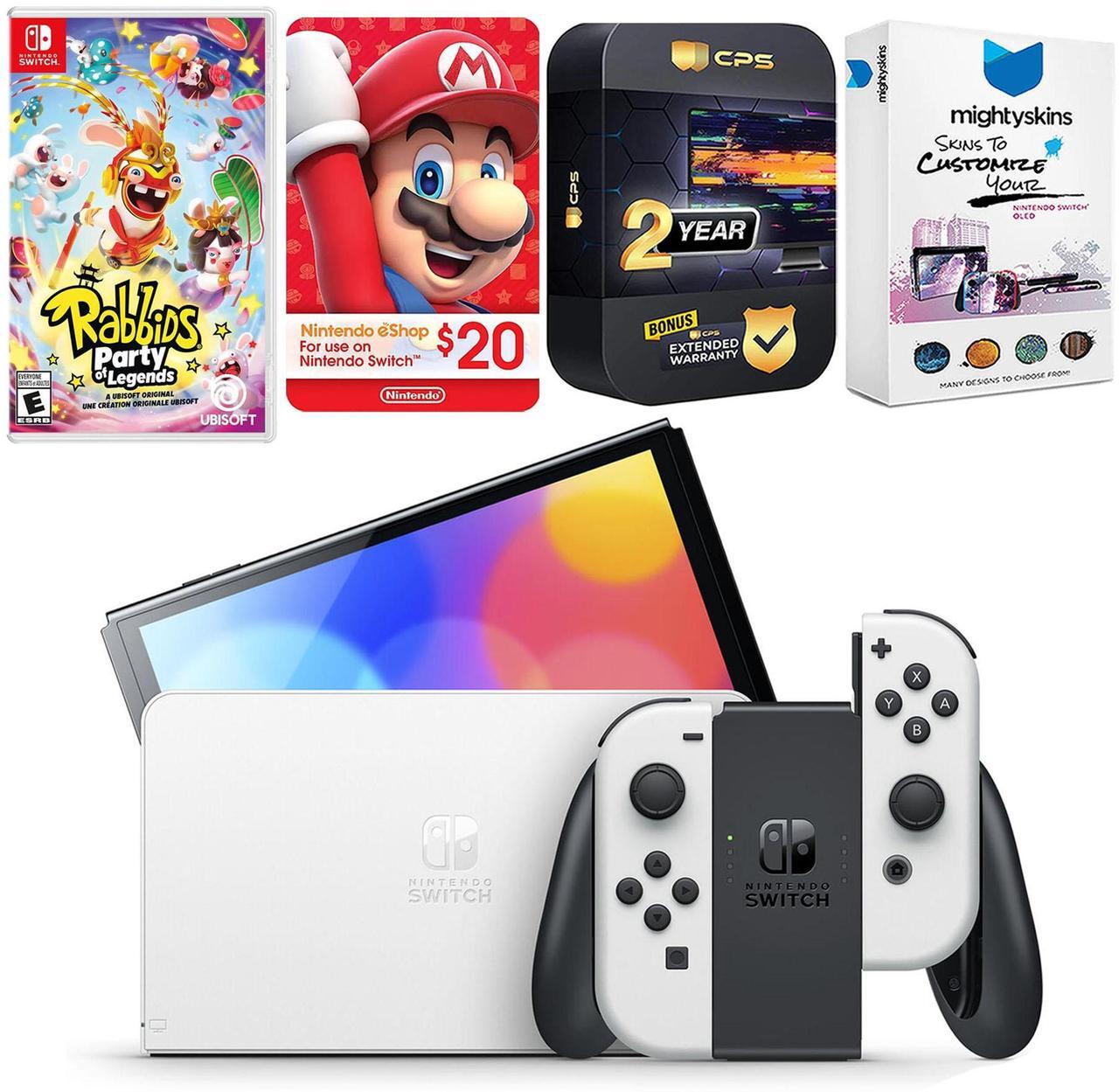 Main image of Nintendo Switch White OLED Console with Rabbids: Party of Legends, Nintendo $20 eShop Gift Card, MightySkins Console and Controller Skin Voucher, and 2 Year CPS Extended Warranty