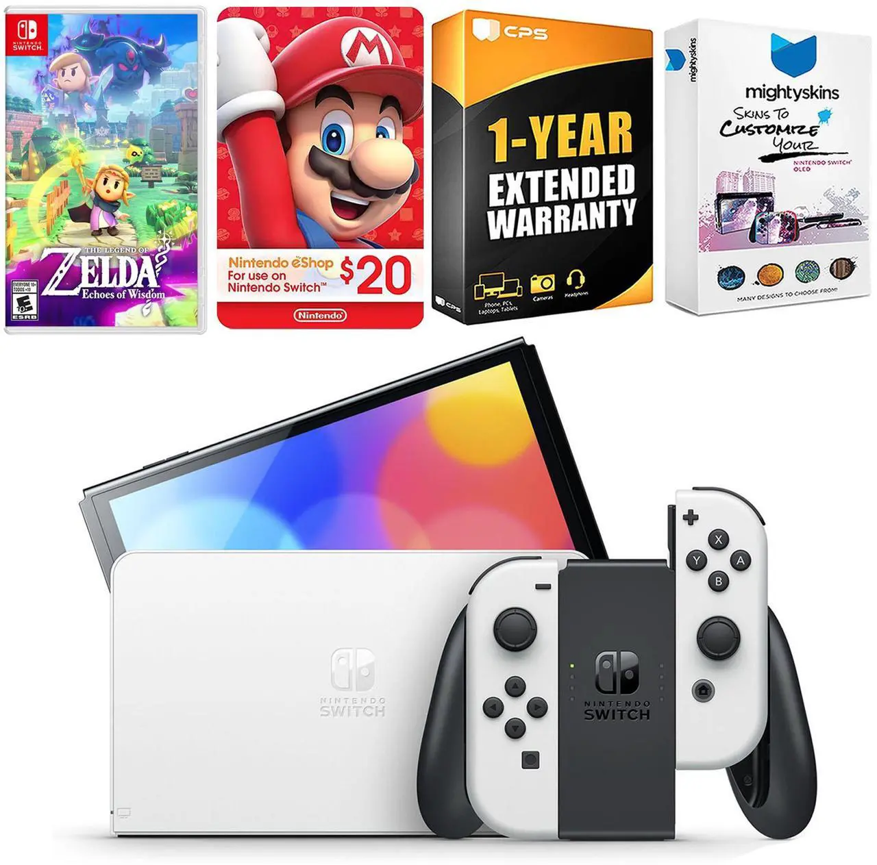 Main image of Nintendo Switch White OLED Console with The Legend Of Zelda Echoes Of Wisdom, Nintendo $20 eShop Gift Card, MightySkins Console and Controller Skin Voucher, and 1 Year CPS Extended Warranty