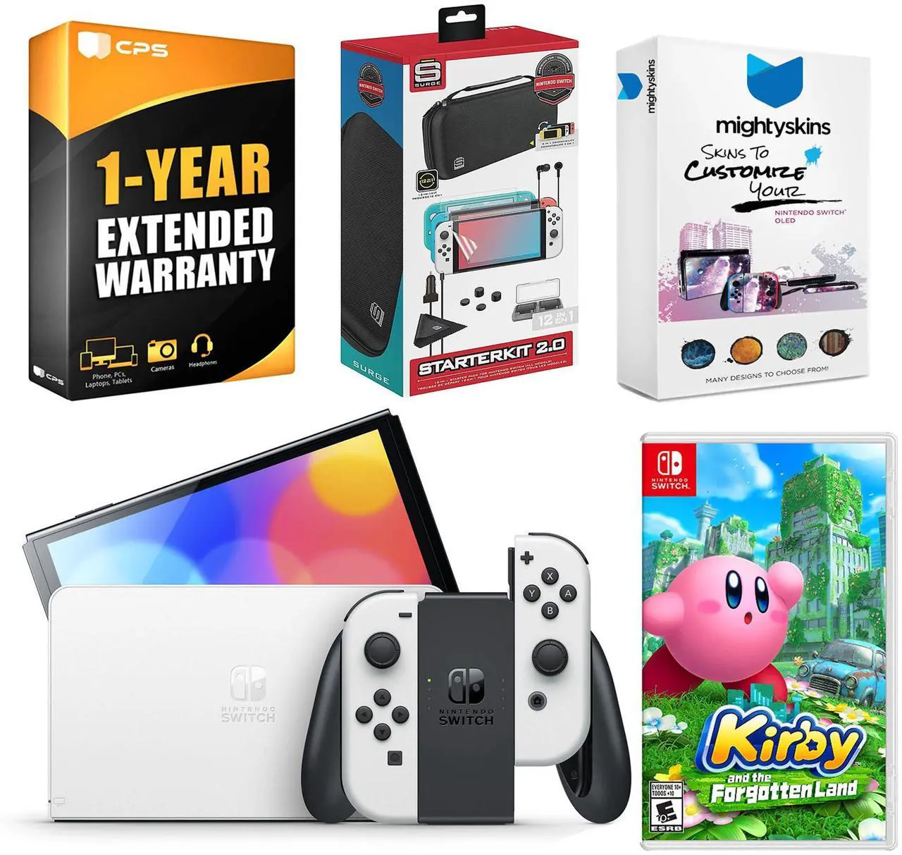 Main image of Nintendo Switch White OLED Console with Kirby and the Forgotten Land, Surge Accessory Gaming Kit, MightySkins Console and Controller Skin Voucher, and 1 Year CPS Extended Warranty
