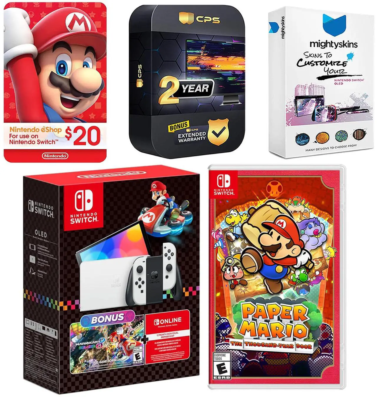 Main image of Nintendo Switch OLED Console Mario Kart 8 Bundle with Paper Mario: the Thousand Year Door, Nintendo $20 eShop Gift Card, MightySkins Console and Controller Skin Voucher, and 2 Year CPS Extended Warra