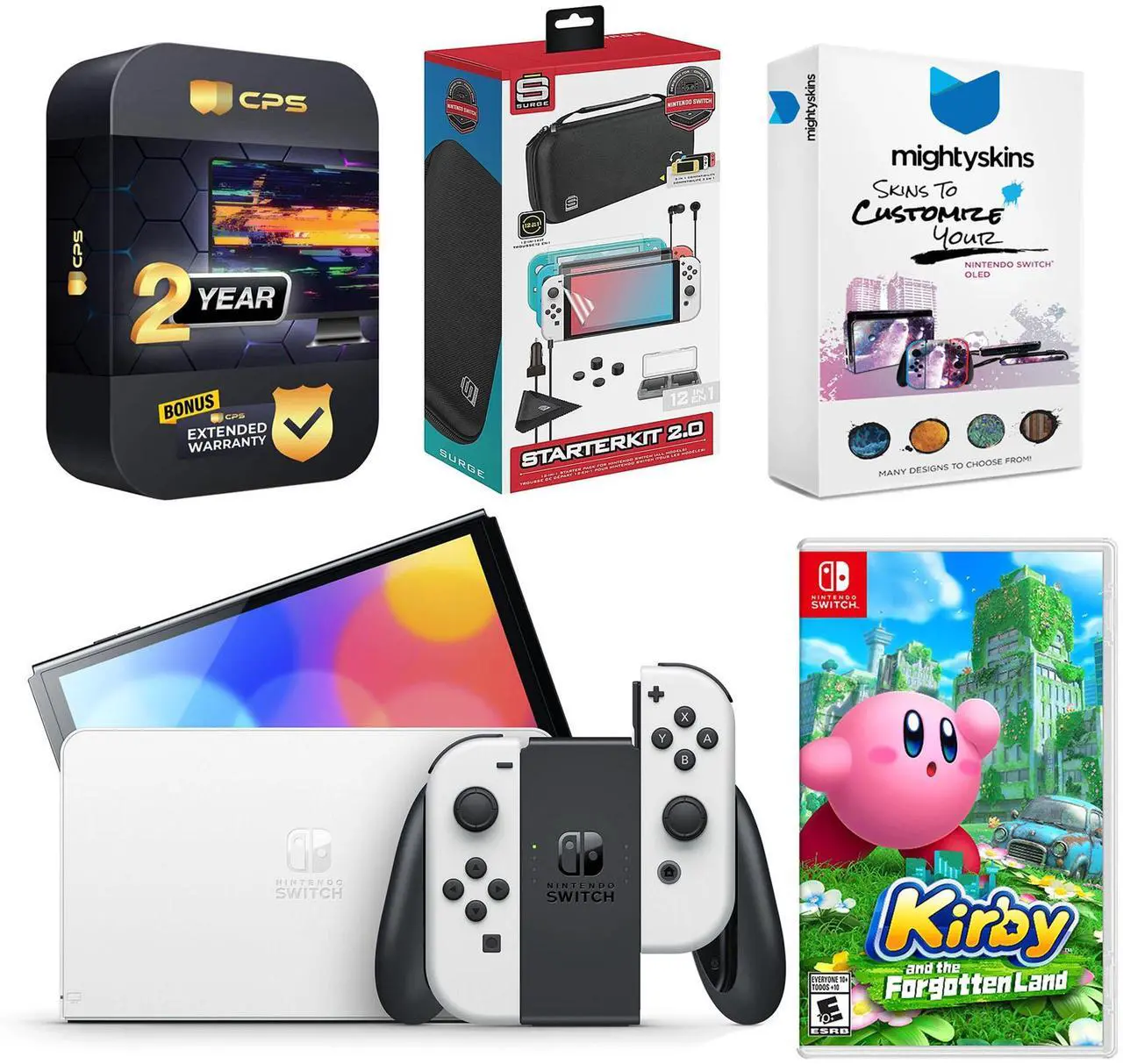 Main image of Nintendo Switch White OLED Console with Kirby and the Forgotten Land, Surge Accessory Gaming Kit, MightySkins Console and Controller Skin Voucher, and 2 Year CPS Extended Warranty