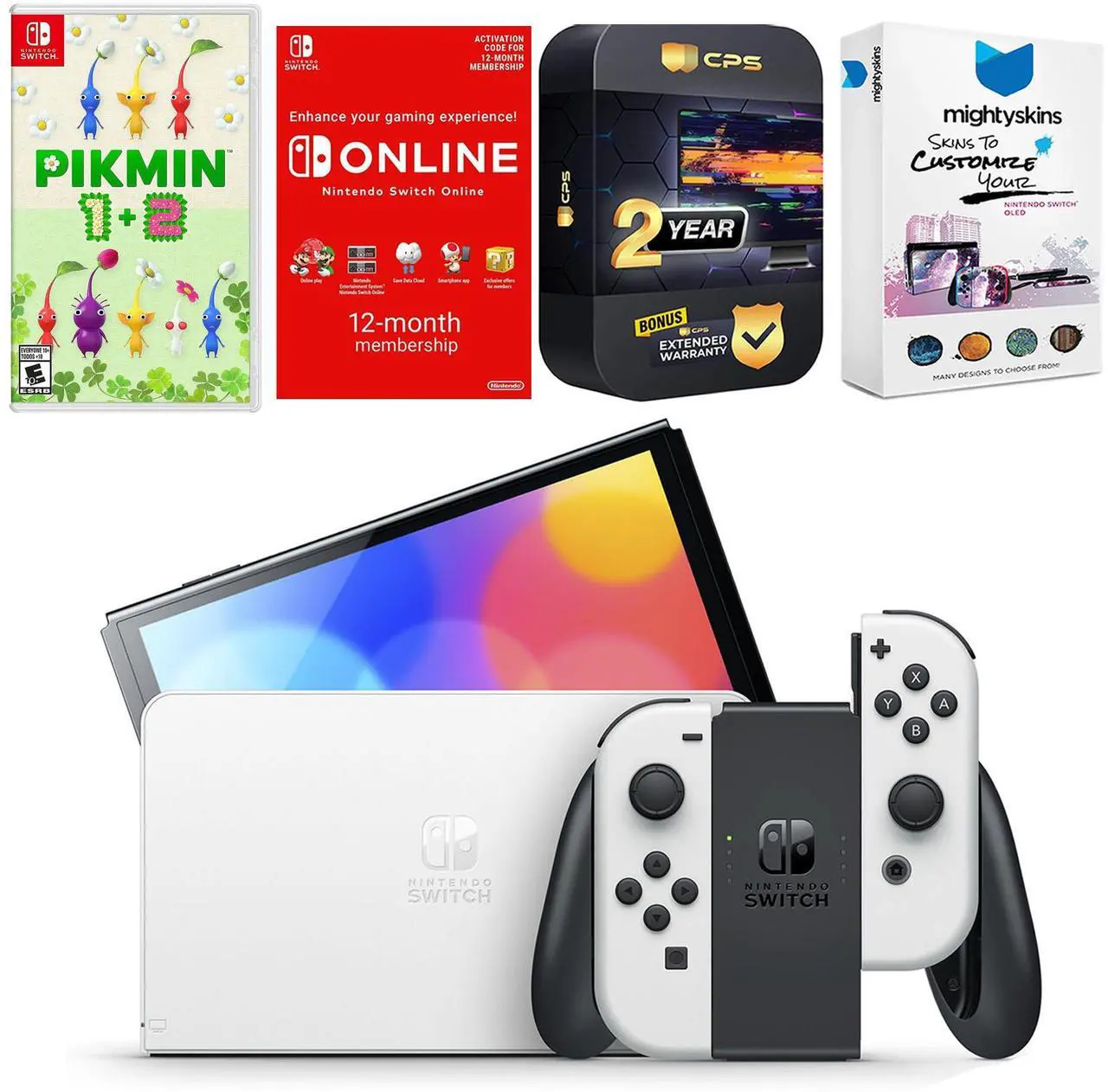 Main image of Nintendo Switch White OLED Console with Pikmin 1 + 2, NSO 12 Month Family Membership, MightySkins Console and Controller Skin Voucher, and 2 Year CPS Extended Warranty