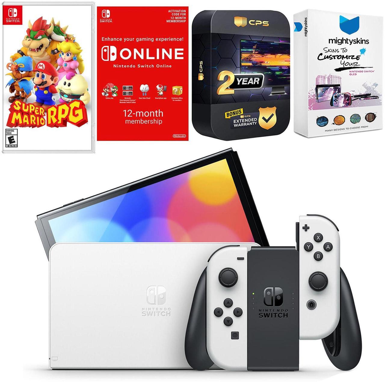 Main image of Nintendo Switch White OLED Console with Super Mario RPG , NSO 12 Month Family Membership, MightySkins Console and Controller Skin Voucher, and 2 Year CPS Extended Warranty