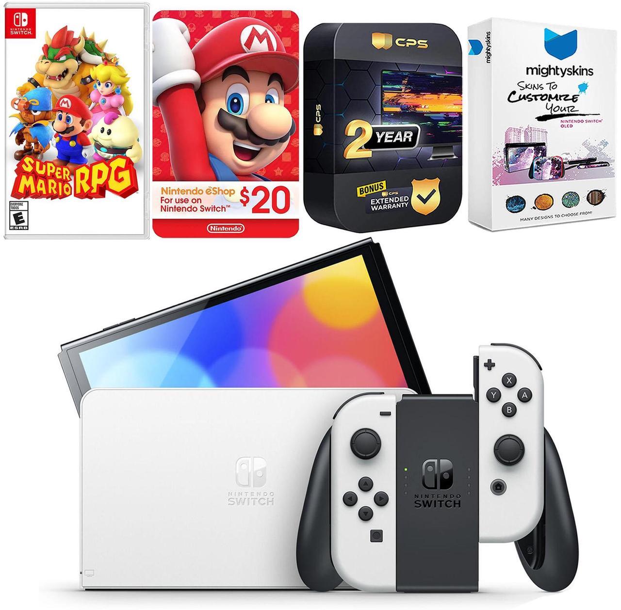 Main image of Nintendo Switch White OLED Console with Super Mario RPG , Nintendo $20 eShop Gift Card, MightySkins Console and Controller Skin Voucher, and 2 Year CPS Extended Warranty