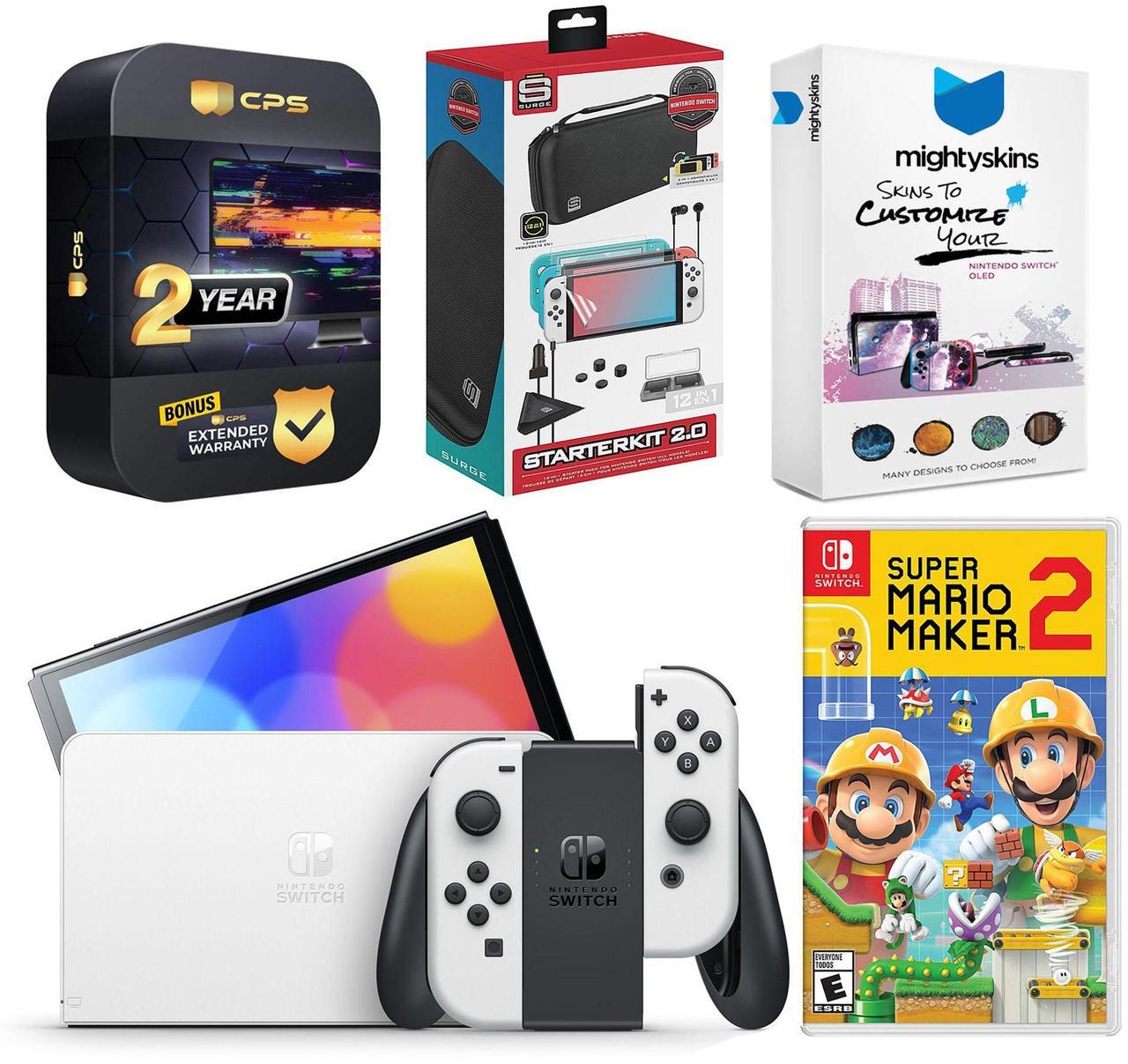 Main image of Nintendo Switch White OLED Console with Mario Maker 2, Surge Accessory Gaming Kit, MightySkins Console and Controller Skin Voucher, and 2 Year CPS Extended Warranty
