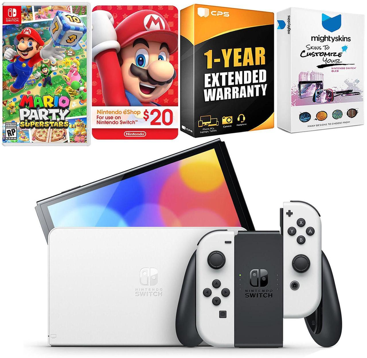 Main image of Nintendo Switch White OLED Console with Mario Party Superstars, Nintendo $20 eShop Gift Card, MightySkins Console and Controller Skin Voucher, and 1 Year CPS Extended Warranty