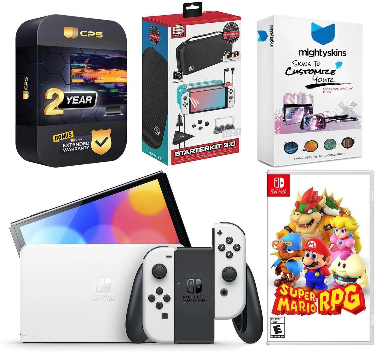 Main image of Nintendo Switch White OLED Console with Super Mario RPG, Surge Accessory Gaming Kit, MightySkins Console and Controller Skin Voucher, and 2 Year CPS Extended Warranty