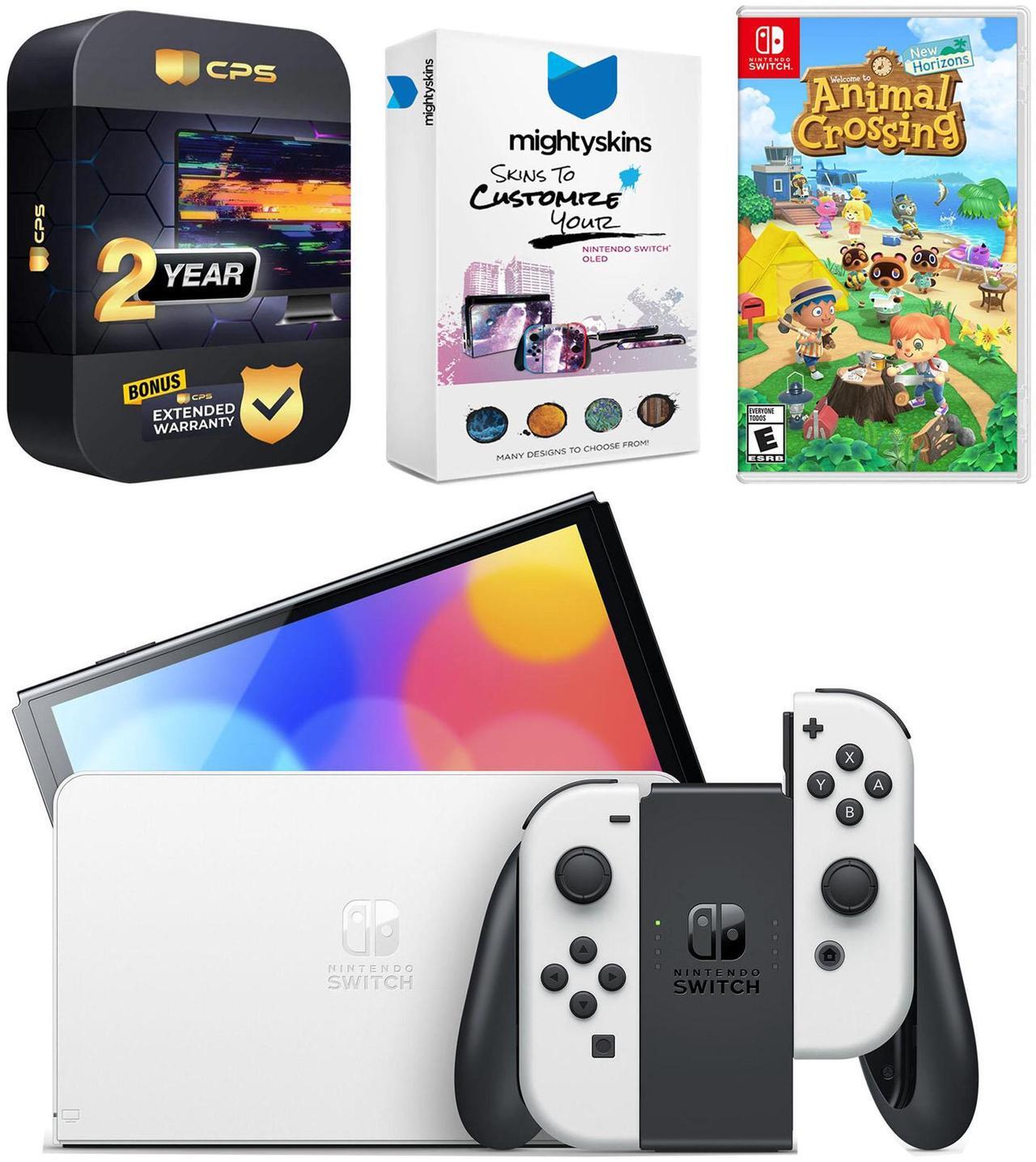 Main image of Nintendo Switch White OLED Console with Animal Crossing: New Horizons, MightySkins Console and Controller Skin Voucher, and 2 Year CPS Extended Warranty