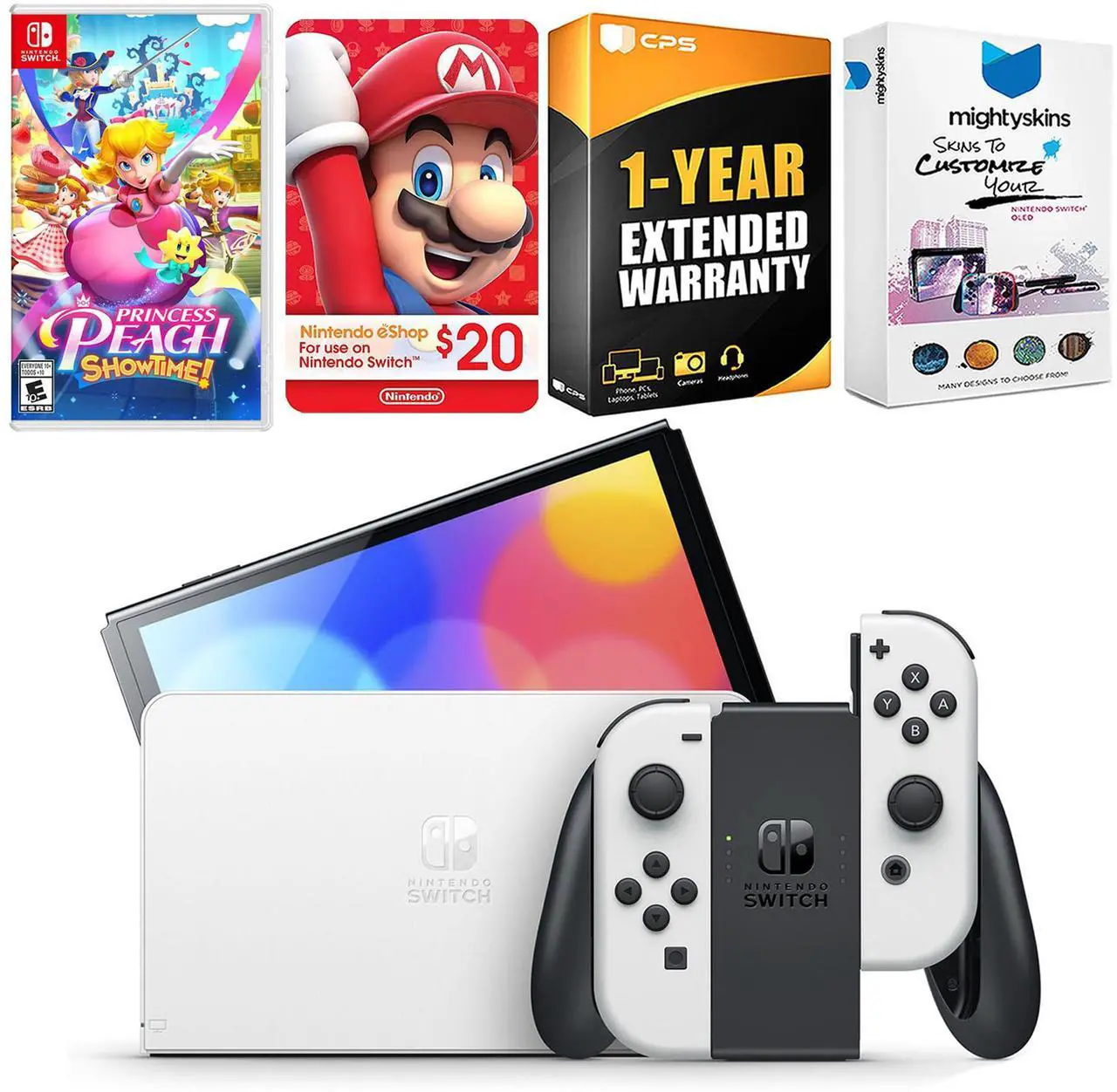 Main image of Nintendo Switch White OLED Console with Princess Peach: Showtime!, Nintendo $20 eShop Gift Card, MightySkins Console and Controller Skin Voucher, and 1 Year CPS Extended Warranty