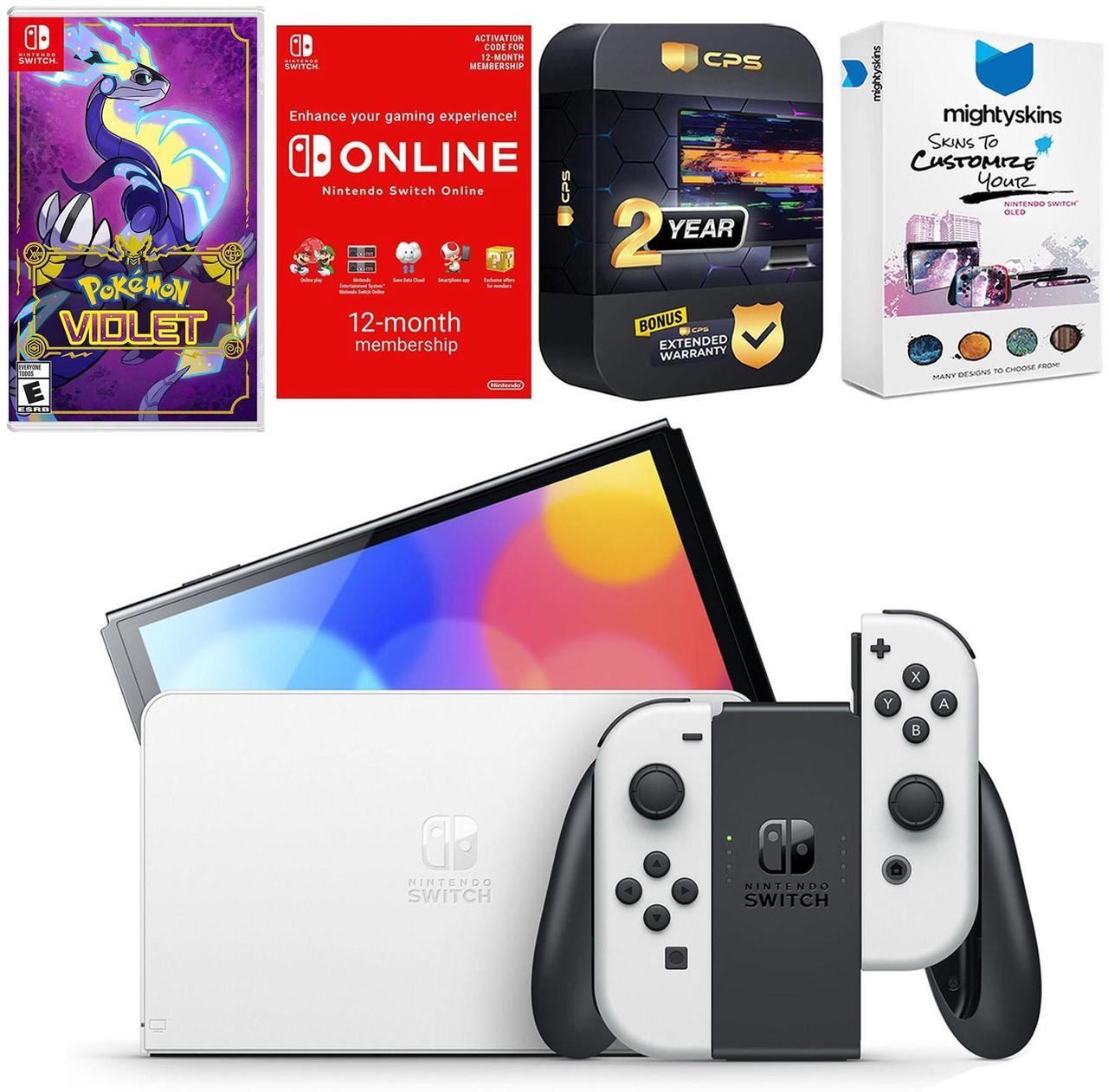 Main image of Nintendo Switch White OLED Console with Pokemon Violet, NSO 12 Month Family Membership, MightySkins Console and Controller Skin Voucher, and 2 Year CPS Extended Warranty