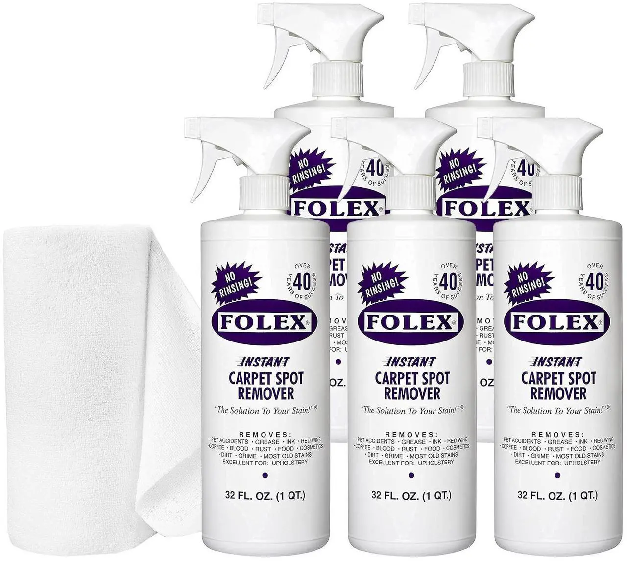 Main image of FOLEX Instant Carpet Spot Remover 32 oz  Powerful Stain Remover for Carpets, Upholstery & Rugs  Eliminates Pet Stains, Grease, Red Wine, Food, Makeup & More  With Reusable Cleaning Cloth  5 Pack