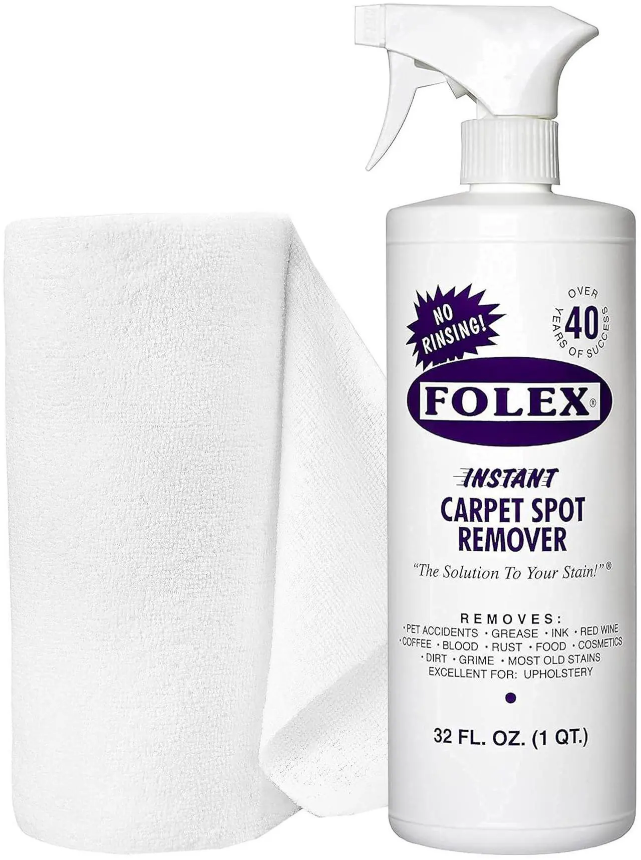 Main image of FOLEX Instant Carpet Spot Remover 32 oz  Powerful Stain Remover for Carpets, Upholstery & Rugs  Eliminates Pet Stains, Grease, Red Wine, Food, Makeup & More  With Reusable Cleaning Cloth  1 Pack