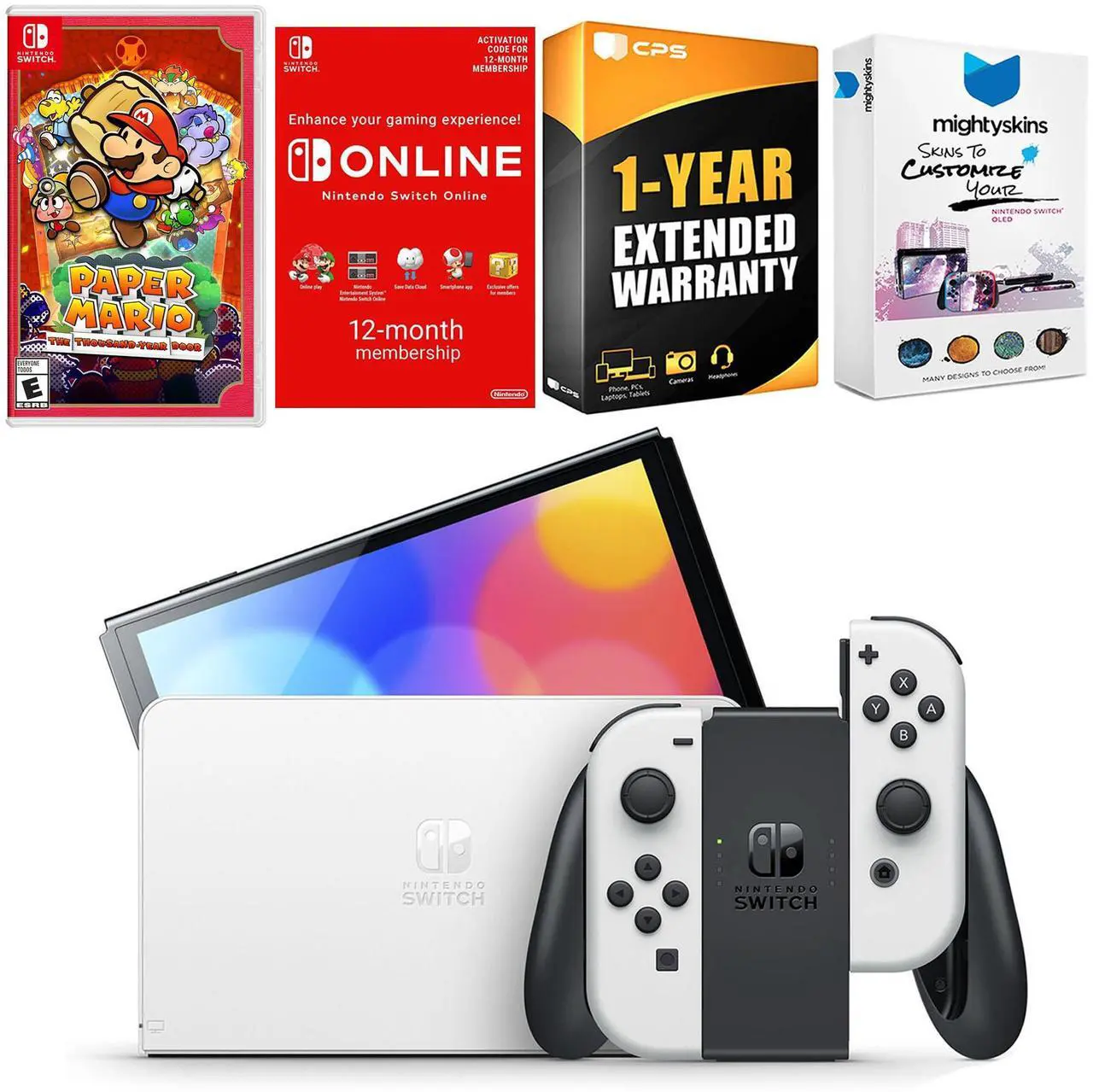 Main image of Nintendo Switch White OLED Console with Paper Mario: the Thousand Year Door, NSO 12 Month Family Membership, MightySkins Console and Controller Skin Voucher, and 1 Year CPS Extended Warranty