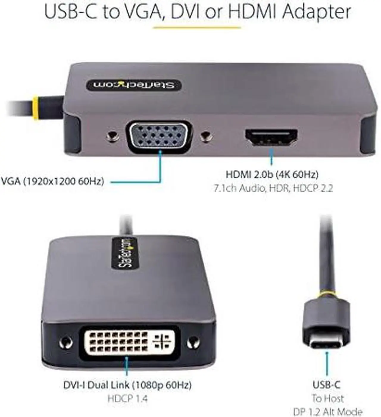 Alt view image 8 of 11 - StarTech USB C to HDMI DVI VGA Video Adapter 118USBCHDMIVGADVI