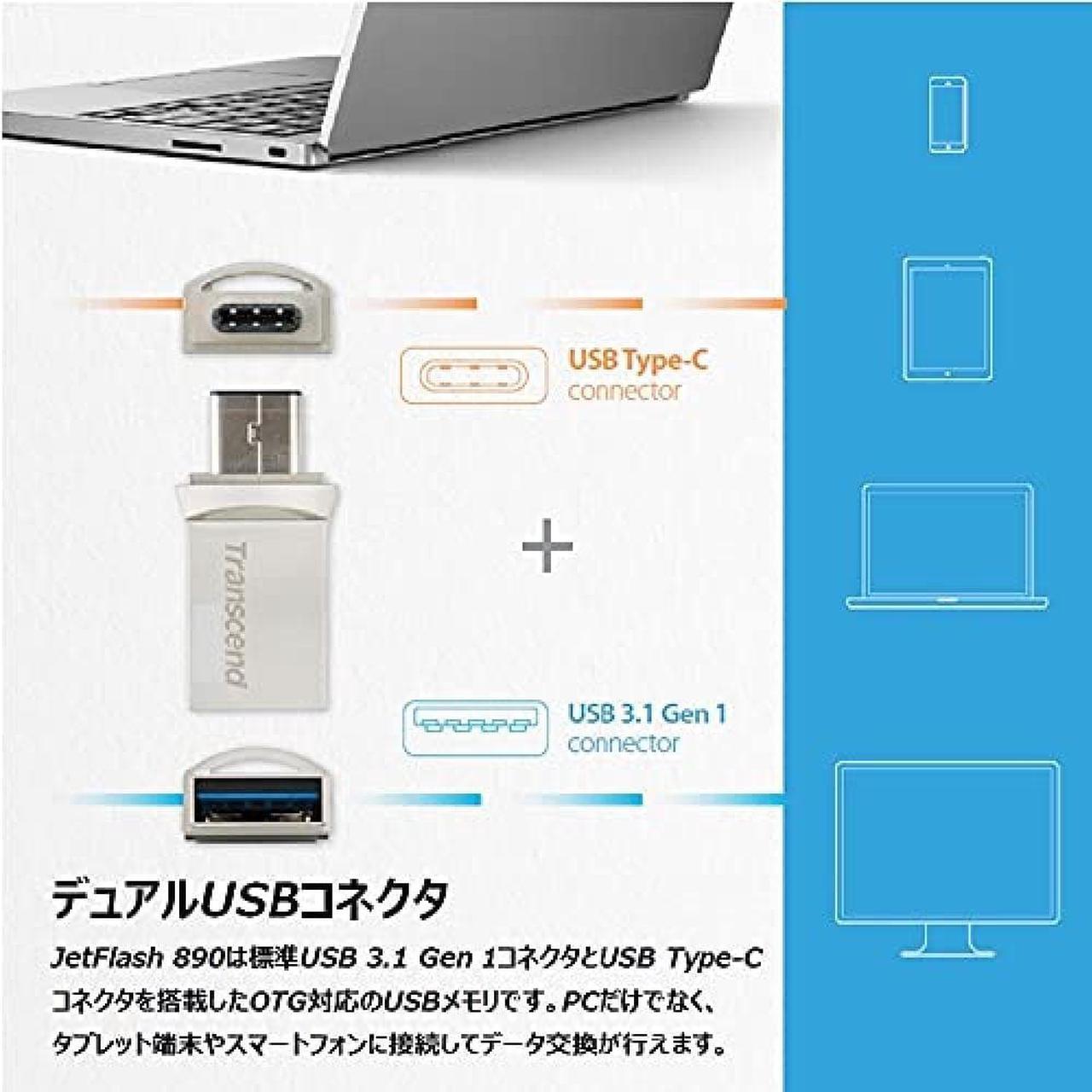 Alt view image 2 of 12 - Transcend USB Memory 128GB USB3.1 Gen1 Type-A / Type-C Both Connectors Compact Type [Free Data Recovery Software] TS128GJF890S
