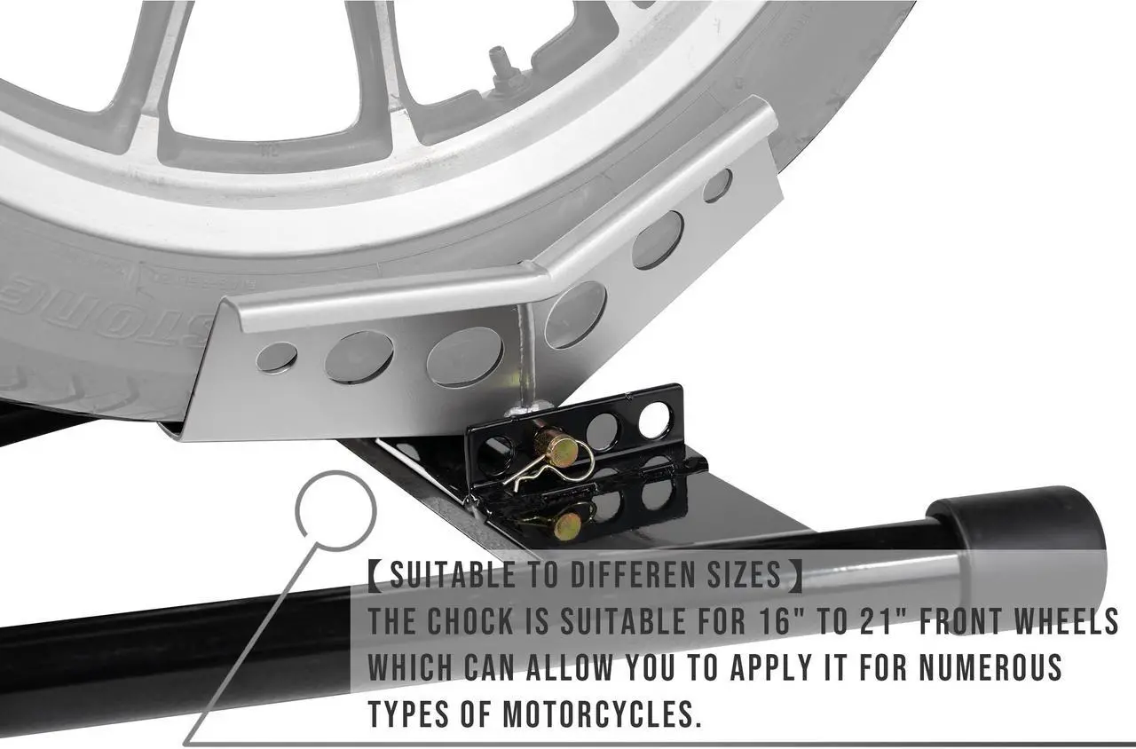 Alt view image 3 of 6 - KINGERIGE Adjustable Motorcycle Wheel Chock for Trailer, Heavy Duty Upfront Wheel Motorcycle Chock, Front Wheel Motorbike Trailer Wheel Chock, Front Wheel Motorcycle Wheel Chock, 16" to 21"