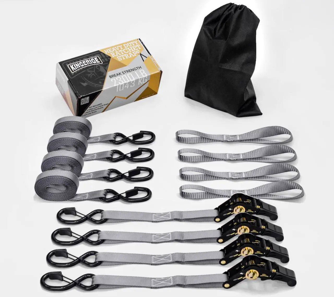 Main image of KINGERIGE Heavy Duty Motorcycle Ratchet Straps - 4 Pack with Soft Loops and High Break Strength for Secure Transport of Motorbikes, ATVs, and More - Ideal for Trucks, Trailers, and Roof Racks