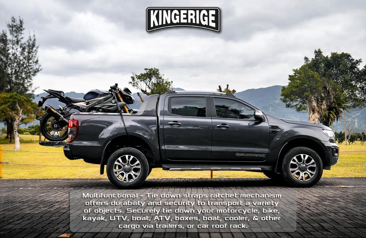 Alt view image 3 of 7 - KINGERIGE Heavy Duty Motorcycle Ratchet Straps - 4 Pack with Soft Loops and High Break Strength for Secure Transport of Motorbikes, ATVs, and More - Ideal for Trucks, Trailers, and Roof Racks