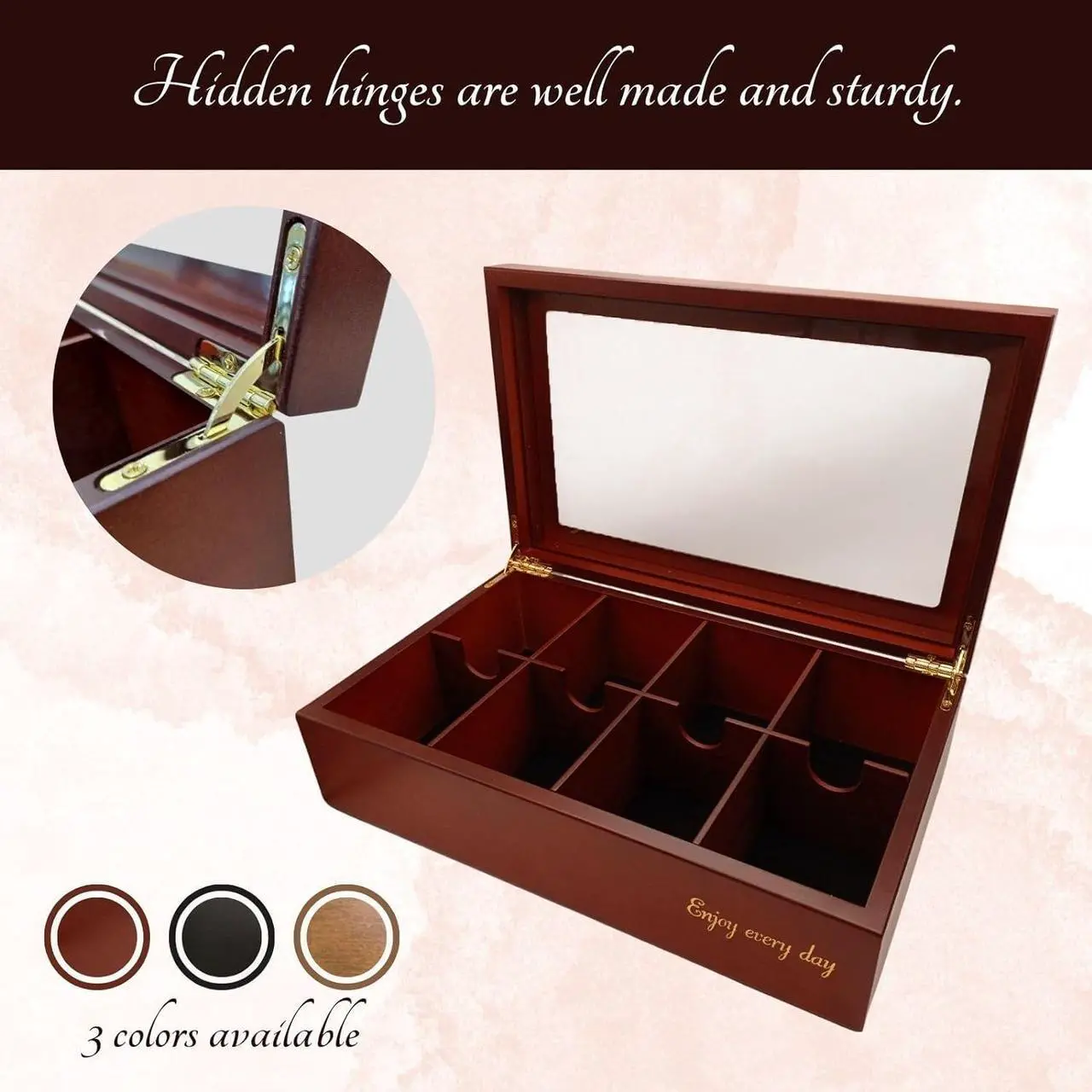 Alt view image 3 of 7 - BJOYFUL&LOVED BJL Tea Bag Organizer, Wooden Tea Box with 8 Compartments, Large Capacity Tea Holder for Storage, Decorative Vintage Handmade Tea Container, Black Color, with Window Lid