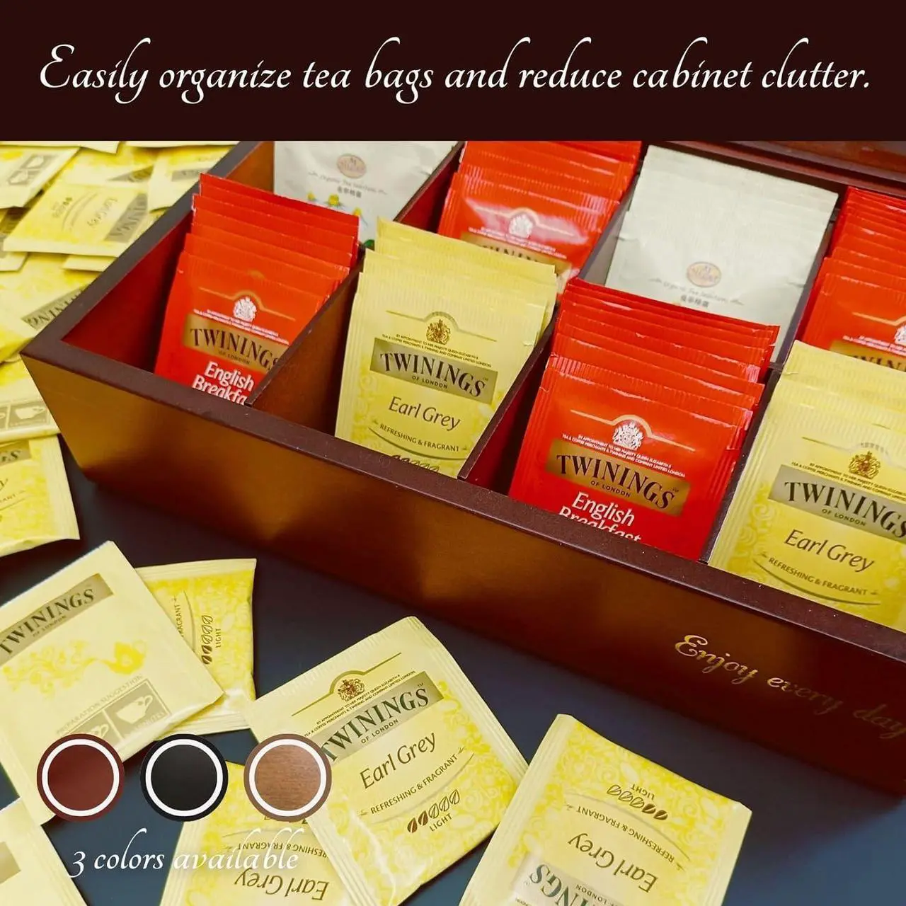 Alt view image 4 of 7 - BJOYFUL&LOVED BJL Tea Bag Organizer, Wooden Tea Box with 8 Compartments, Large Capacity Tea Holder for Storage, Decorative Vintage Handmade Tea Container, Black Color, with Window Lid