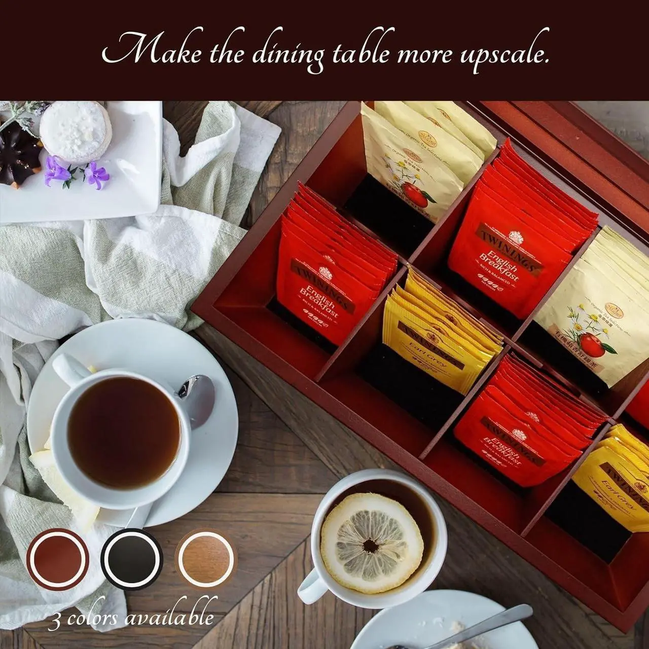 Alt view image 6 of 7 - BJOYFUL&LOVED BJL Tea Bag Organizer, Wooden Tea Box with 8 Compartments, Large Capacity Tea Holder for Storage, Decorative Vintage Handmade Tea Container, Black Color, with Window Lid