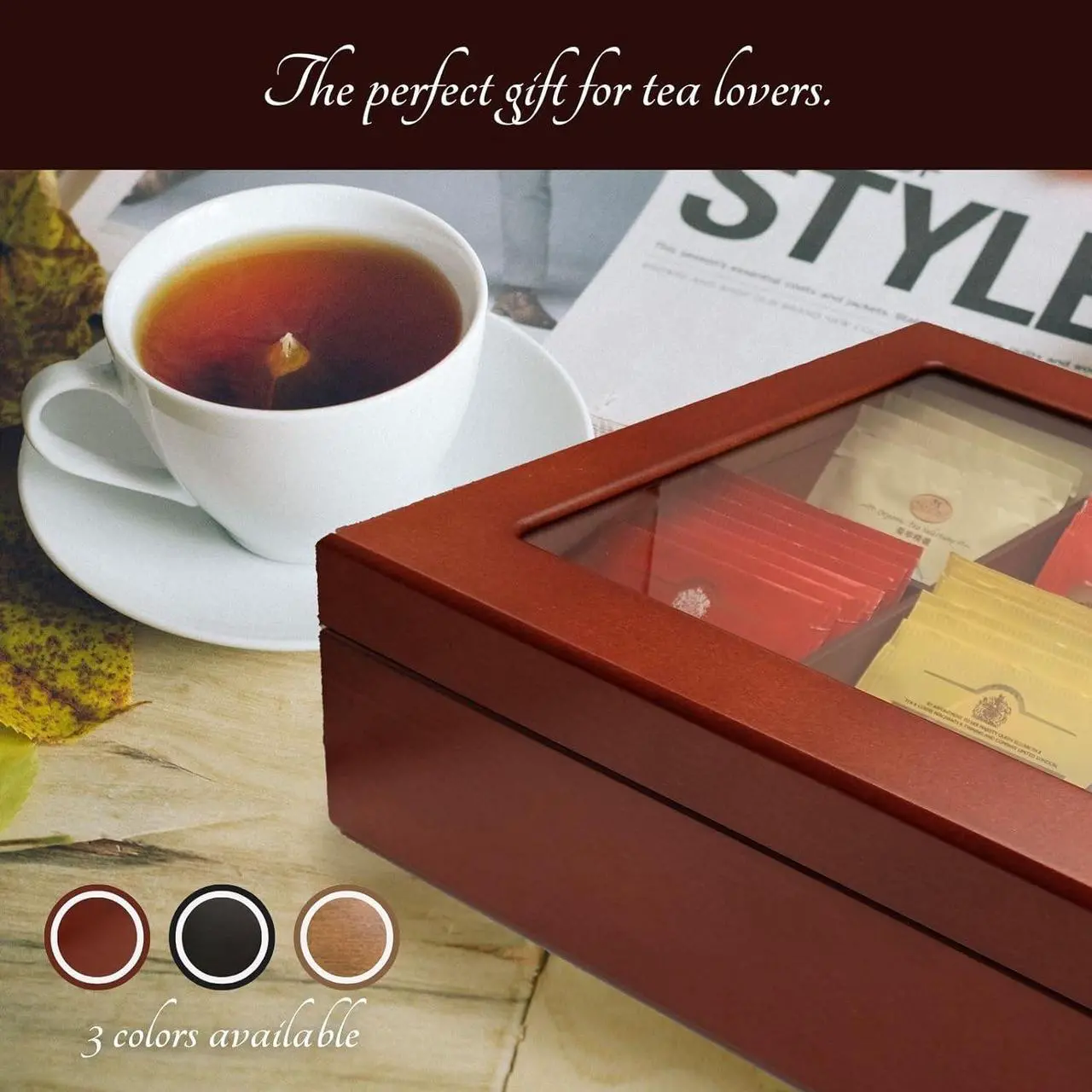 Alt view image 7 of 7 - BJOYFUL&LOVED BJL Tea Bag Organizer, Wooden Tea Box with 8 Compartments, Large Capacity Tea Holder for Storage, Decorative Vintage Handmade Tea Container, Black Color, with Window Lid