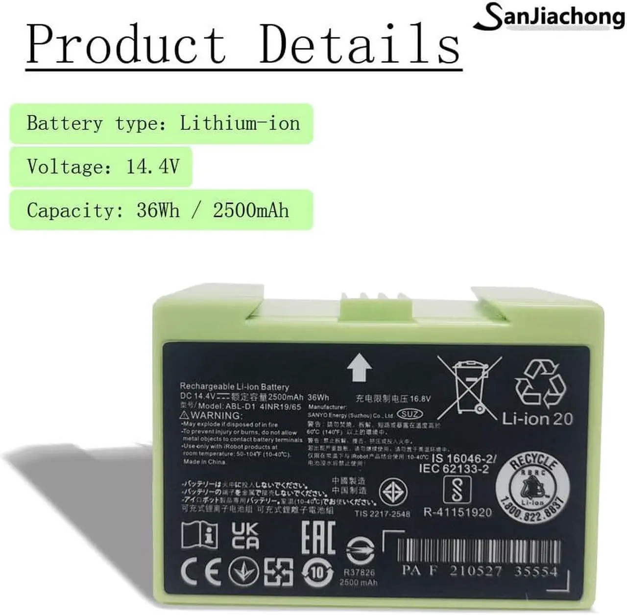 Alt view image 5 of 7 - 14.4V 2500mAh i7 Battery Replacement for iRobot Roomba e and i Series, Large Capacity Battery Compatible with Roomba i7 i7+ i8 i6 i4 i4+ i3 i3+ i7158 J7 7150 7550 and e e5 e6 e5150 e5152 e6198 Etc
