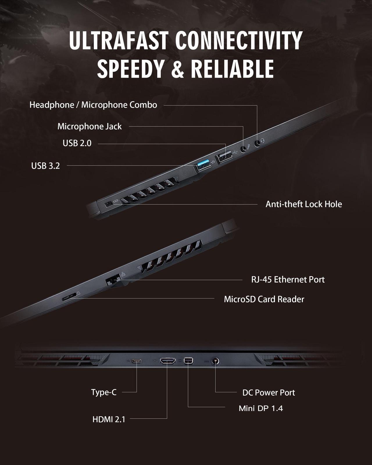 Alt view image 8 of 7 - Hasee T8 (16'', i9-12900H, RTX3060), Gaming Laptop, i9-12900H 5.0GHz, 16G DDR4 RAM, 1T NVMe PCIe4.0 SSD, RTX3060 6G GDDR6, 16'' 2.5K 165Hz IPS Display, RGB KB, WiFi 6, BT 5.2, Win 11, Obsidian Black