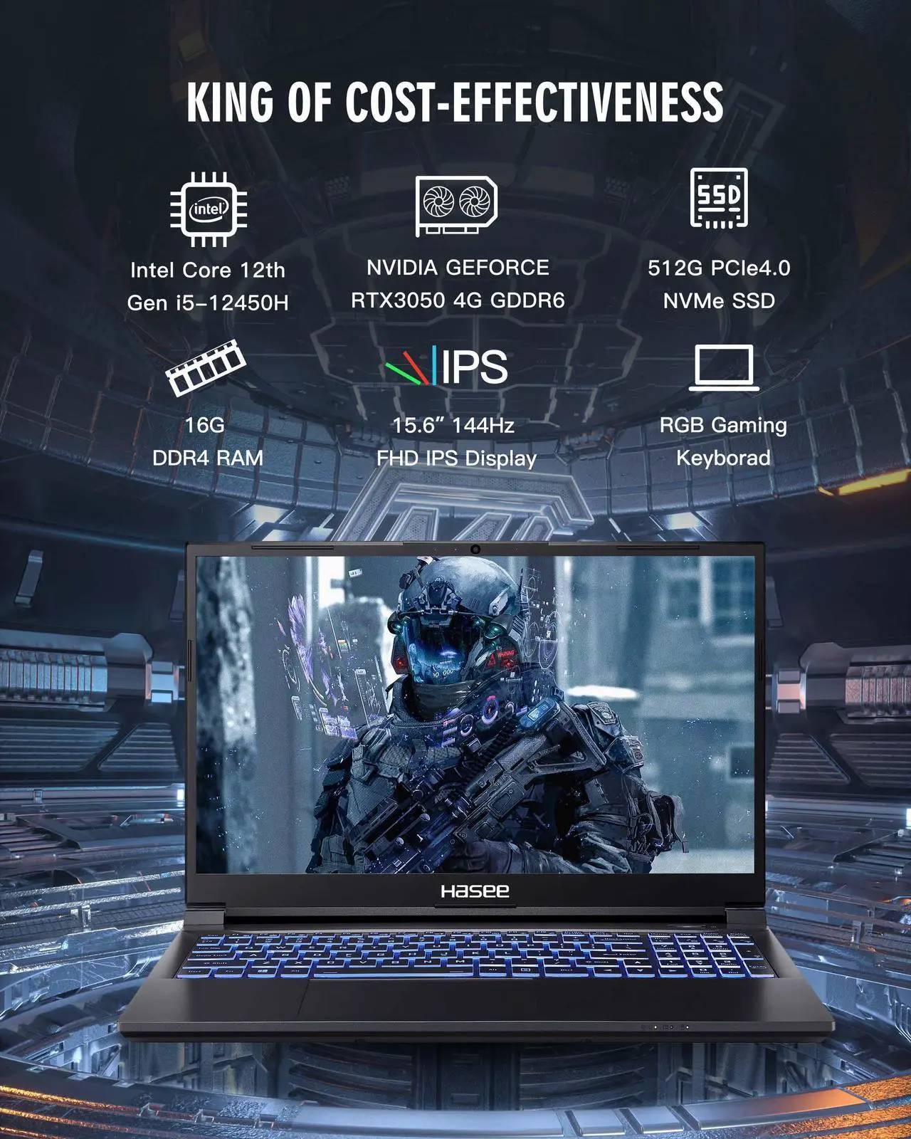 Alt view image 2 of 6 - Hasee Z8 (15.6'', i5-12450H, RTX3050), Gaming Laptop, i5-12450H 4.4GHz, 16G DDR4 RAM, 512G NVMe PCIe4.0 SSD, RTX3050 4G GDDR6, 15.6'' 144Hz 1920x1080 FHD IPS Display, RGB KB, WF6,BT, Win11, Ore Black