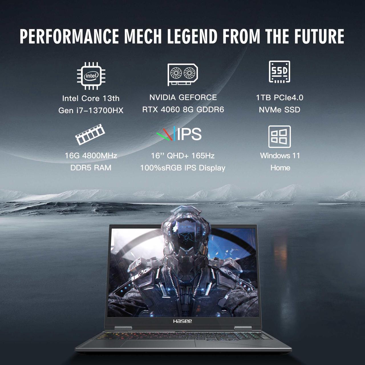 Alt view image 2 of 6 - Hasee T8 Pro (16'', i7-13700HX, RTX4060), Gaming Laptop, i7-13700HX 5GHz, 16G DDR5 RAM, 1TB NVMe PCIe4.0 SSD, RTX4060 8G GDDR6, 16'' 165Hz QHD 100%sRGB IPS Display, RGB KB, WF6,BT5.2,Win11, Mecha Grey