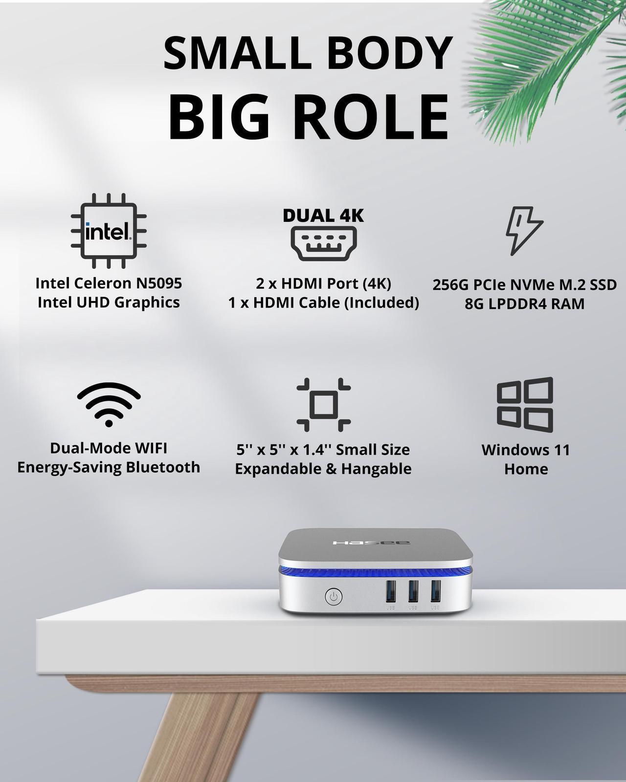 Alt view image 2 of 6 - Hasee M6 (Intel, Dual-Screen 4K, WiFi), Mini PC, Intel Celeron N5095 2.9GHz 4-Core, 8G LPDDR4 RAM, 256G M.2 NVMe PCIe SSD, 2 x HDMI 4K UHD with HDMI Cable, Blue Backlit, 5G Wifi, BT,Win11,Lunar Silver