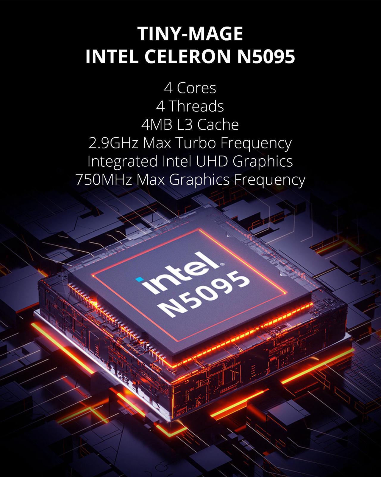 Alt view image 3 of 6 - Hasee M6 (Intel, Dual-Screen 4K, WiFi), Mini PC, Intel Celeron N5095 2.9GHz 4-Core, 8G LPDDR4 RAM, 256G M.2 NVMe PCIe SSD, 2 x HDMI 4K UHD with HDMI Cable, Blue Backlit, 5G Wifi, BT,Win11,Lunar Silver