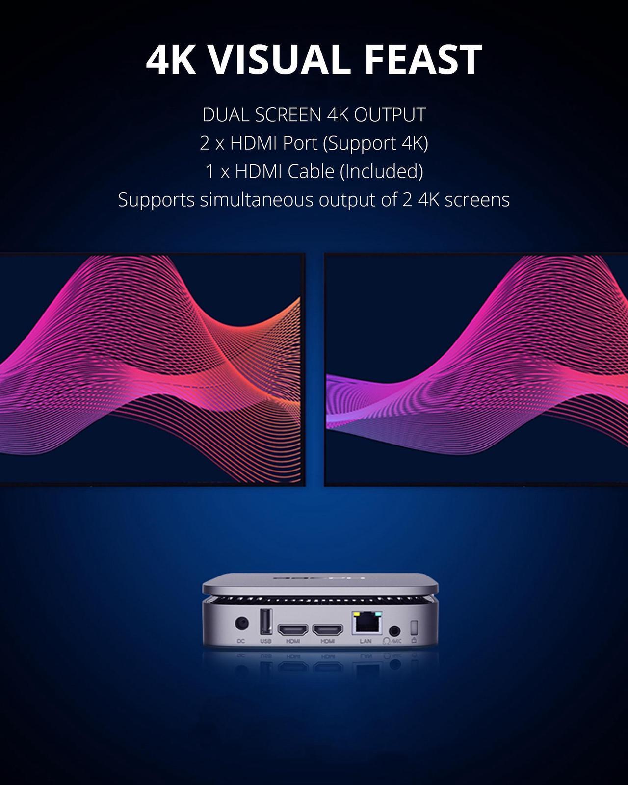 Alt view image 4 of 6 - Hasee M6 (Intel, Dual-Screen 4K, WiFi), Mini PC, Intel Celeron N5095 2.9GHz 4-Core, 8G LPDDR4 RAM, 256G M.2 NVMe PCIe SSD, 2 x HDMI 4K UHD with HDMI Cable, Blue Backlit, 5G Wifi, BT,Win11,Lunar Silver
