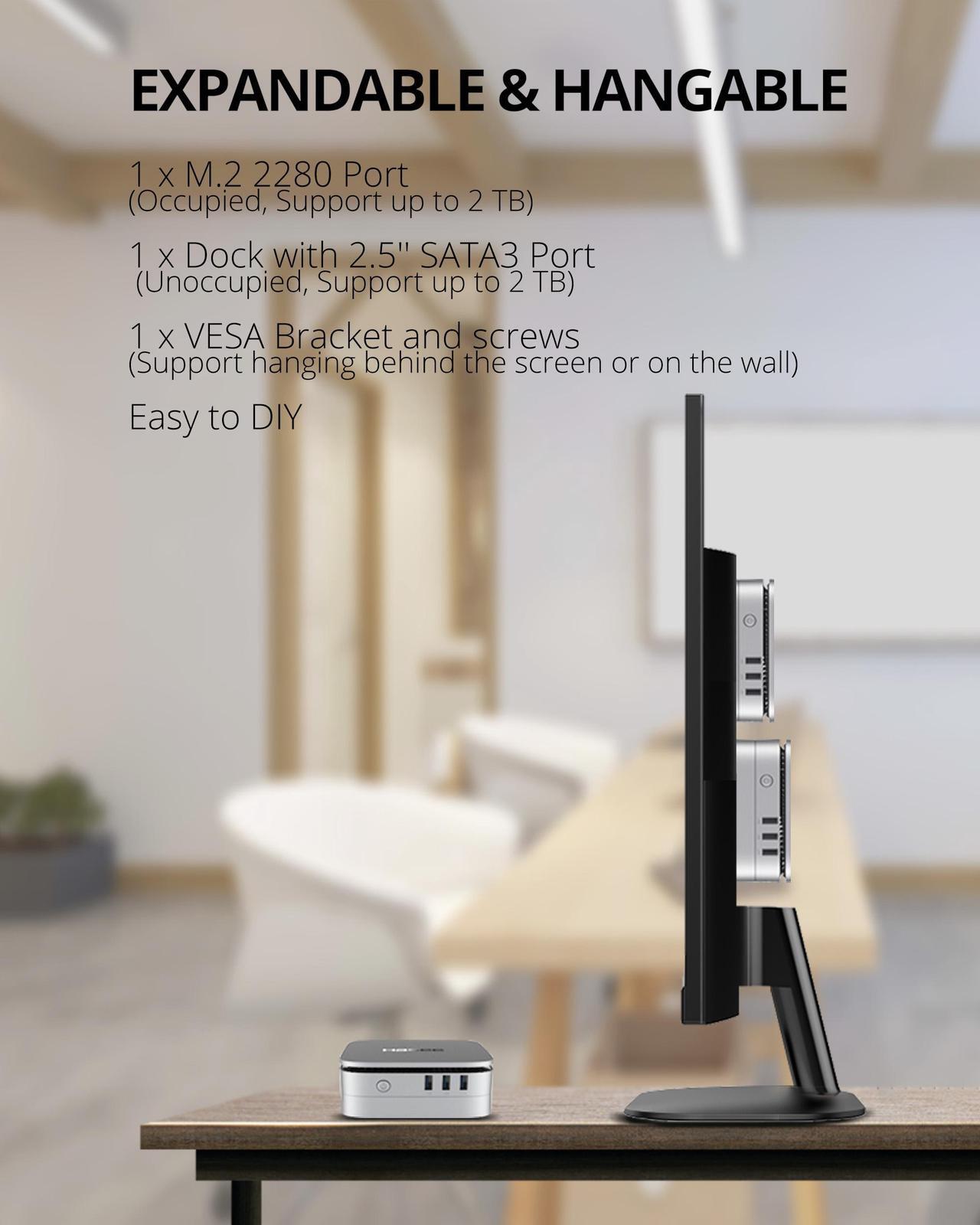 Alt view image 5 of 6 - Hasee M6 (Intel, Dual-Screen 4K, WiFi), Mini PC, Intel Celeron N5095 2.9GHz 4-Core, 8G LPDDR4 RAM, 256G M.2 NVMe PCIe SSD, 2 x HDMI 4K UHD with HDMI Cable, Blue Backlit, 5G Wifi, BT,Win11,Lunar Silver