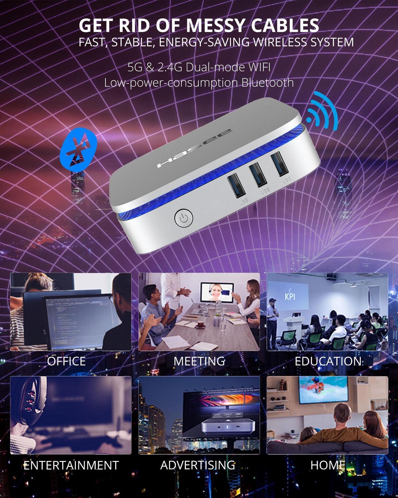Alt view image 6 of 6 - Hasee M6 (Intel, Dual-Screen 4K, WiFi), Mini PC, Intel Celeron N5095 2.9GHz 4-Core, 8G LPDDR4 RAM, 256G M.2 NVMe PCIe SSD, 2 x HDMI 4K UHD with HDMI Cable, Blue Backlit, 5G Wifi, BT,Win11,Lunar Silver