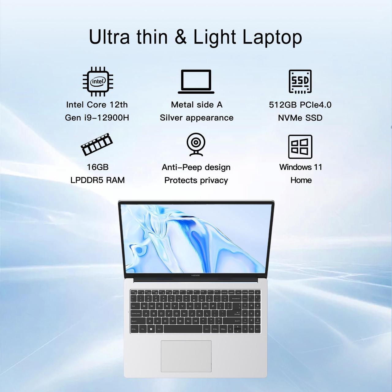 Alt view image 8 of 7 - Hasee X5 15.6 laptop computer  Intel core i9-12900H, Intel® UHD Graphics , 16G LPDDR5 RAM, 512G NVMe PCIe4.0 SSD, 15.6'' Windows 11 Home WIFI6, BT5.2, Silvery, A Metal